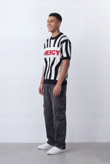 Men’s Tomato Store Statement Knit T-Shirt Bold Contrast Stripes Front Typography Detail Oversize