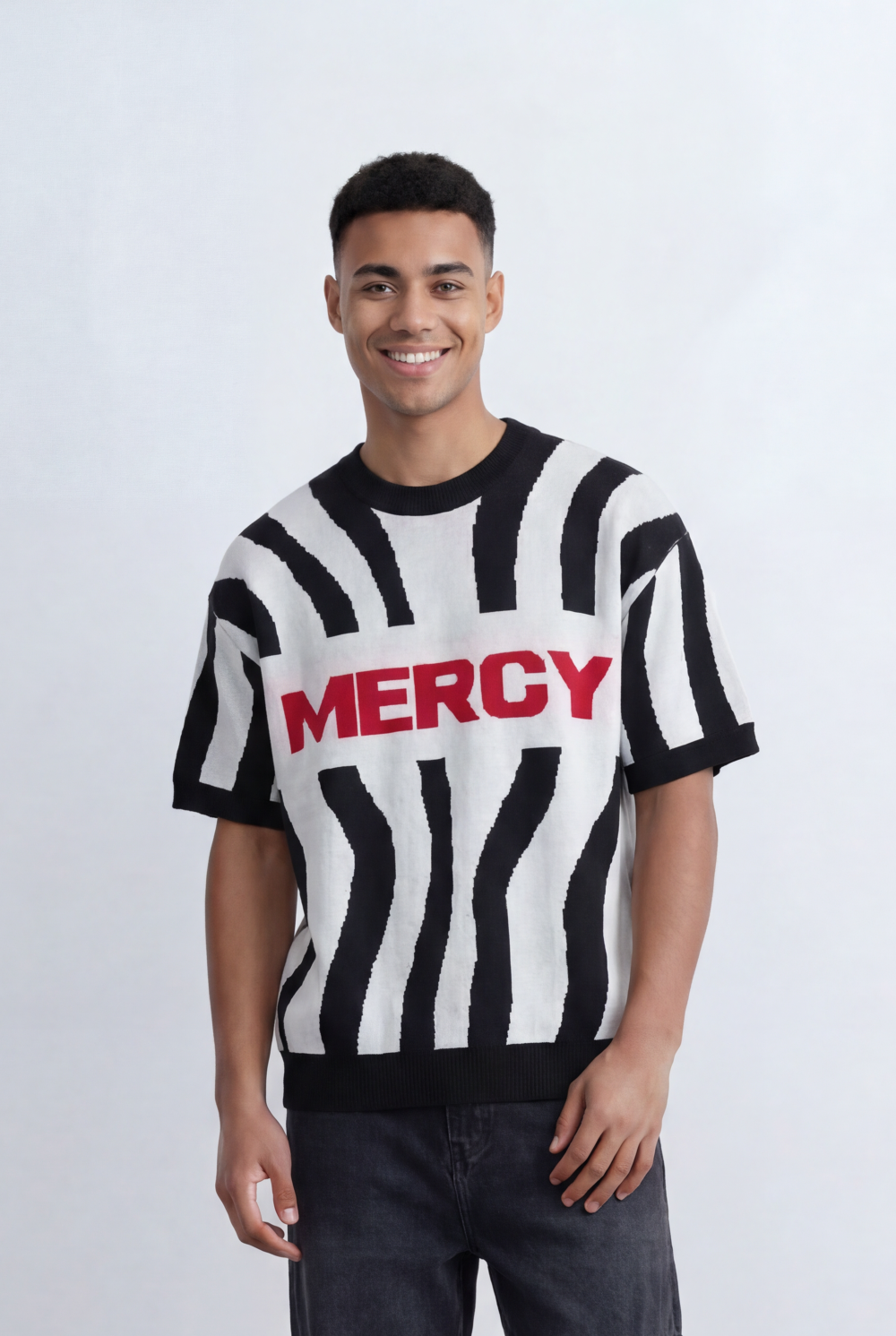 Men’s Tomato Store Statement Knit T-Shirt Bold Contrast Stripes Front Typography Detail Oversize