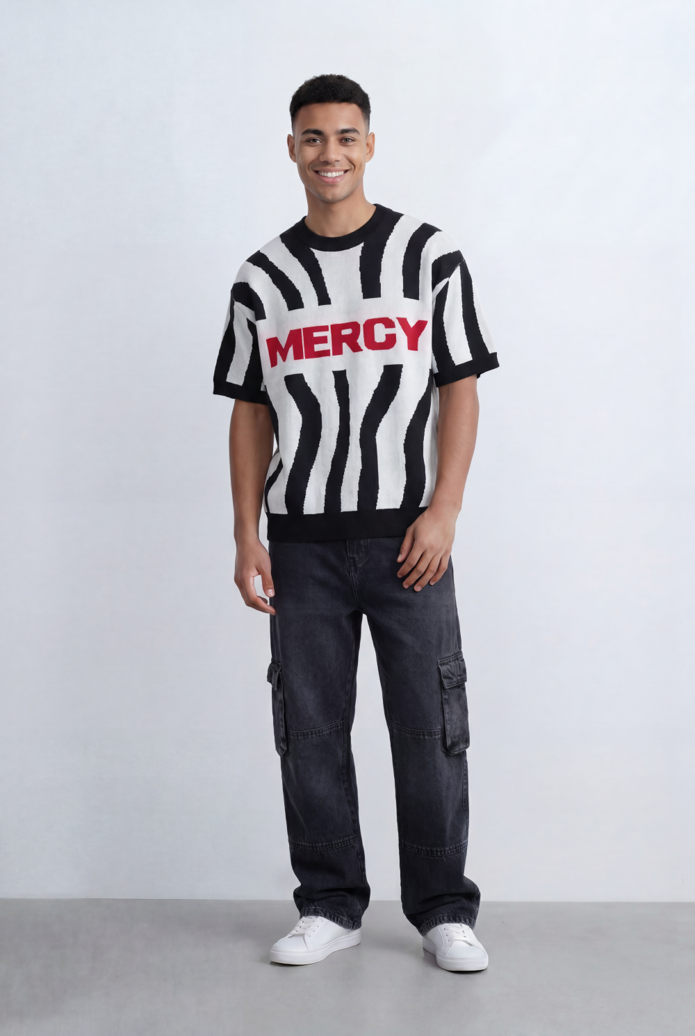 Men’s Tomato Store Statement Knit T-Shirt Bold Contrast Stripes Front Typography Detail Oversize