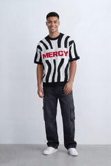Men’s Tomato Store Statement Knit T-Shirt Bold Contrast Stripes Front Typography Detail Oversize