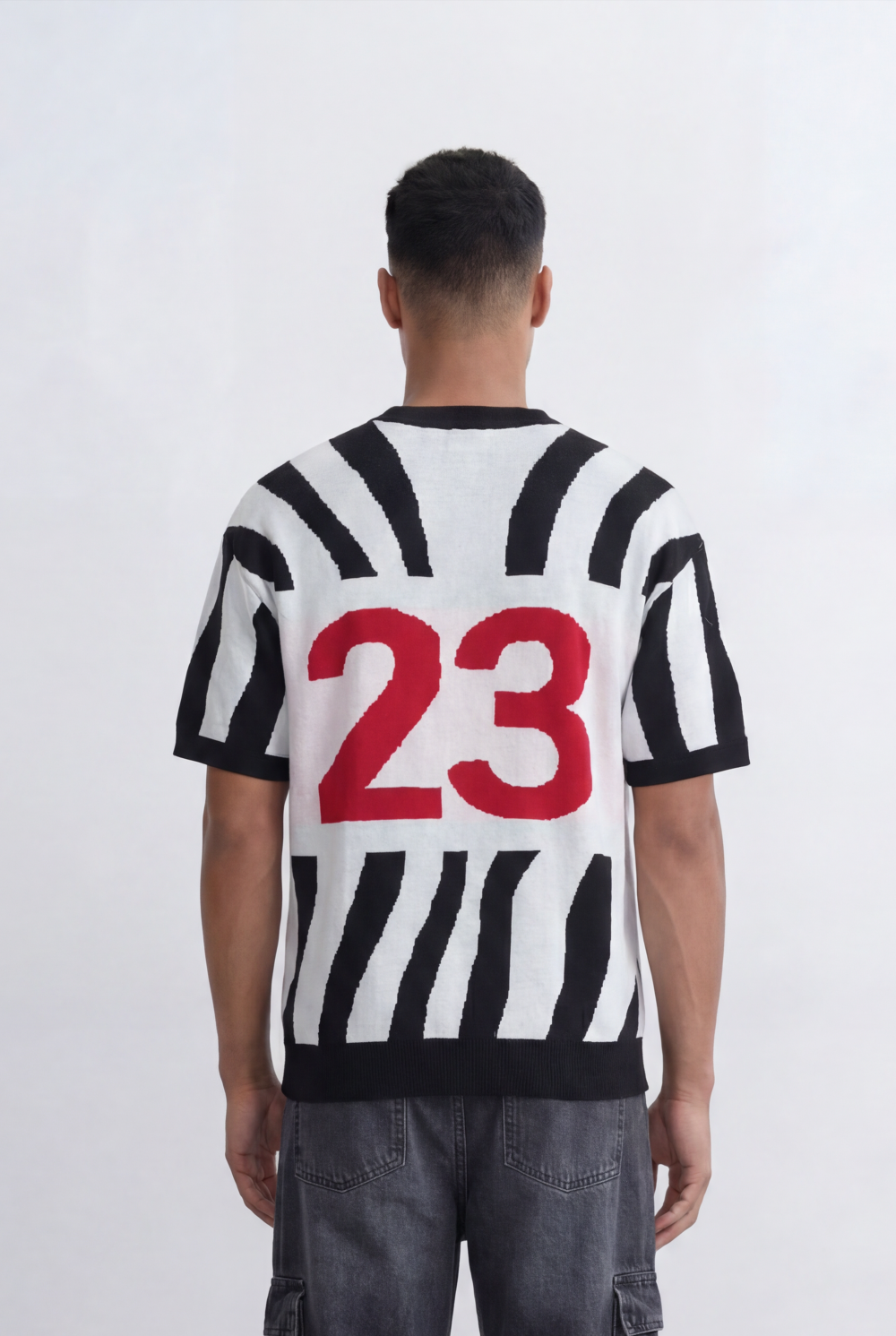 Men’s Tomato Store Statement Knit T-Shirt Bold Contrast Stripes Front Typography Detail Oversize