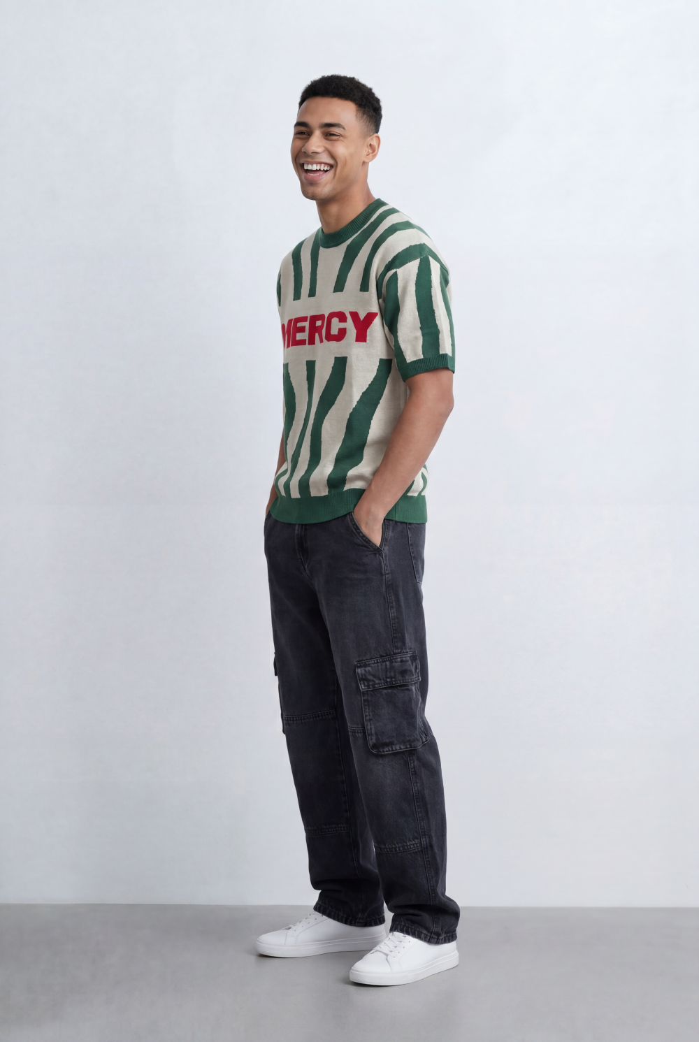 Men’s Tomato Store Statement Knit T-Shirt Bold Contrast Stripes Front Typography Detail Oversize