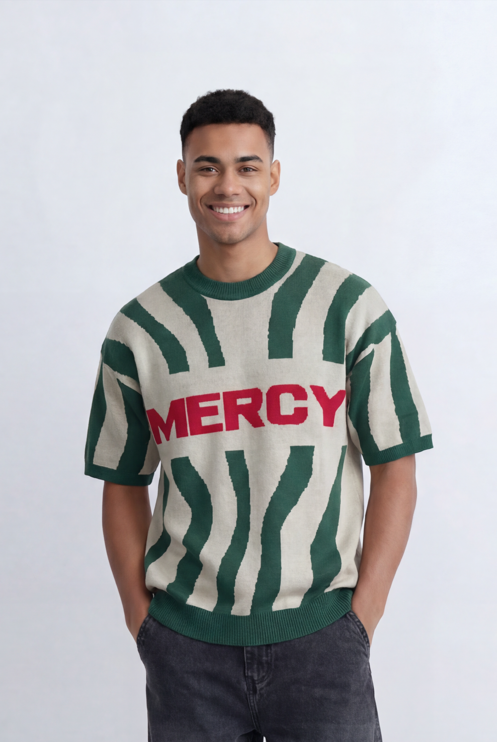 Men’s Tomato Store Statement Knit T-Shirt Bold Contrast Stripes Front Typography Detail Oversize