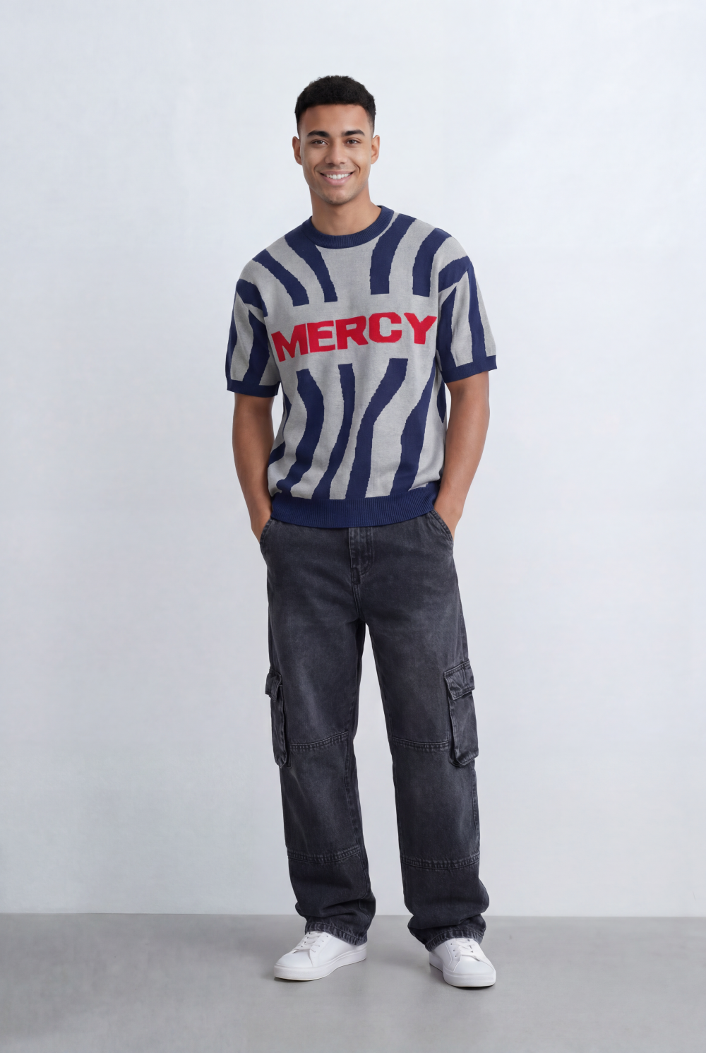 Men’s Tomato Store Statement Knit T-Shirt Bold Contrast Stripes Front Typography Detail Oversize
