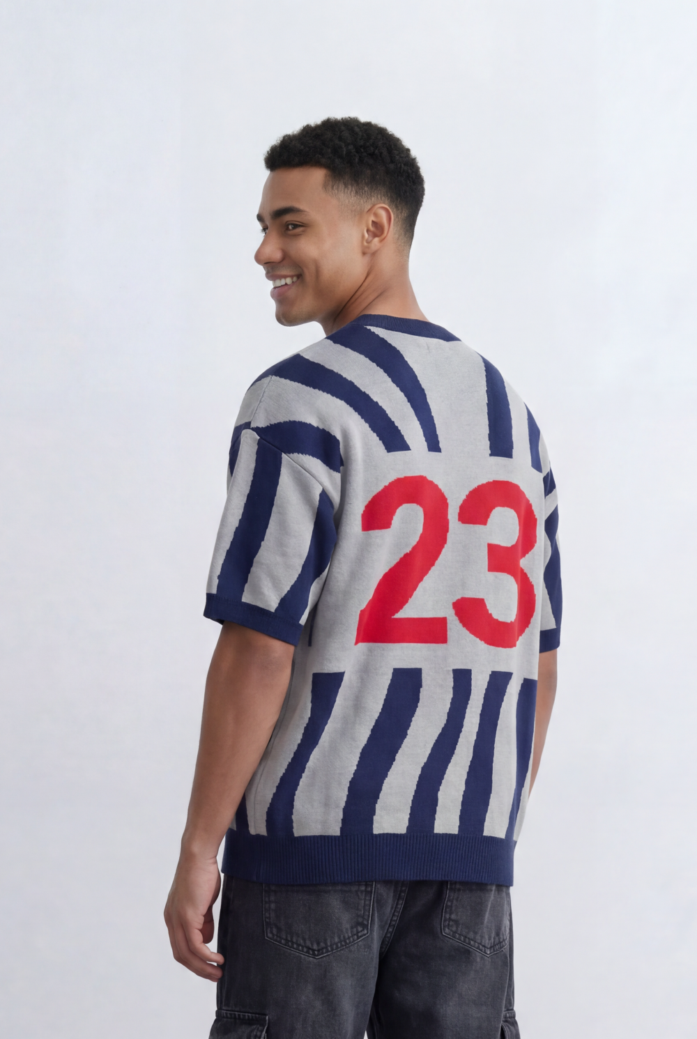 Men’s Tomato Store Statement Knit T-Shirt Bold Contrast Stripes Front Typography Detail Oversize