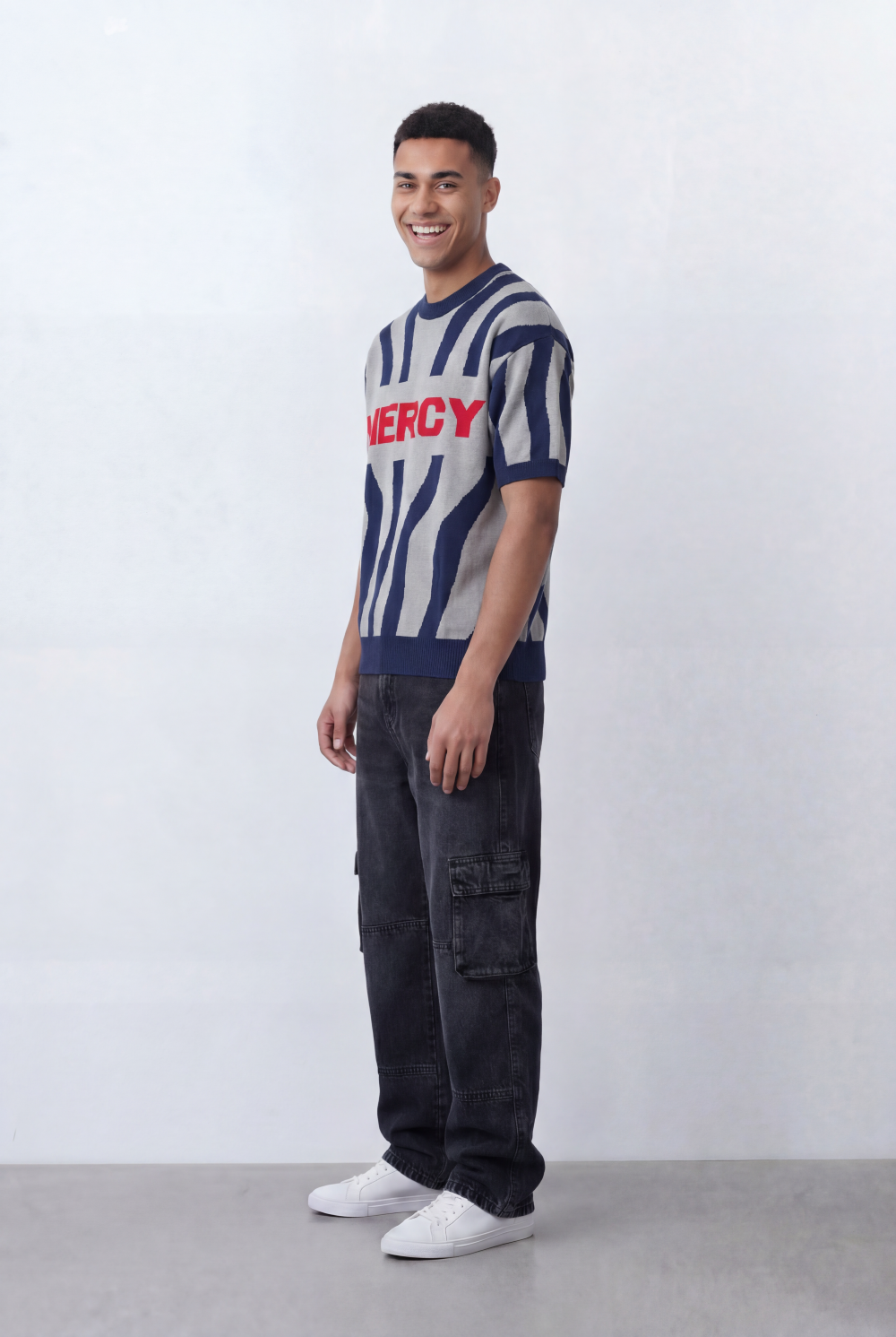 Men’s Tomato Store Statement Knit T-Shirt Bold Contrast Stripes Front Typography Detail Oversize