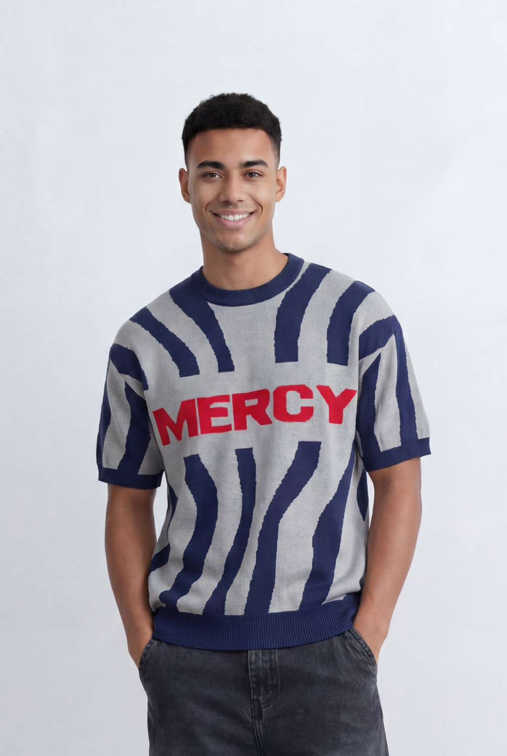 Men’s Tomato Store Statement Knit T-Shirt Bold Contrast Stripes Front Typography Detail Oversize