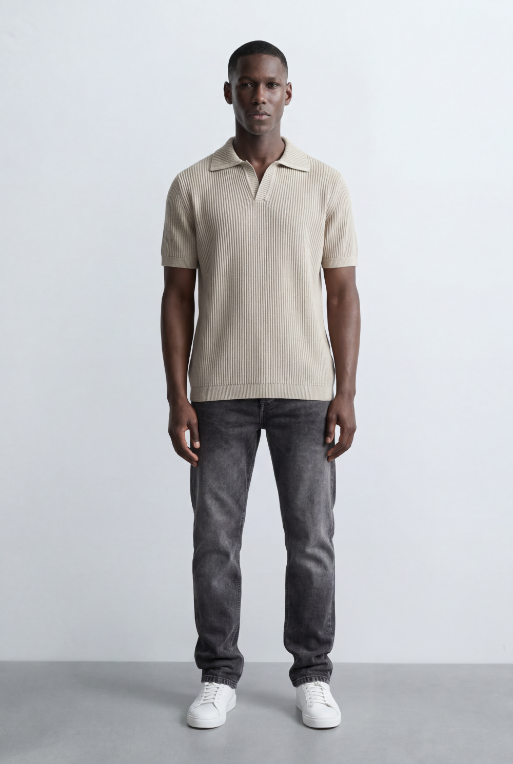 Men’s Tomato Store Ribbed Polo Knit Open Collar Design Vertical Texture Pattern Regular Tailored Fit T-Shirt