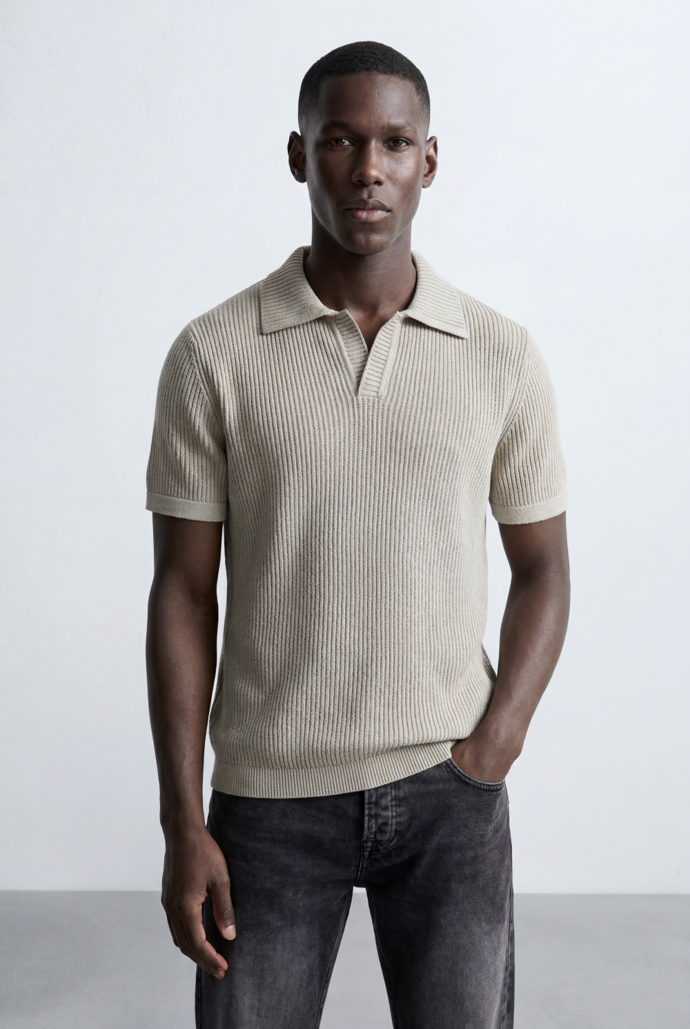 Men’s Tomato Store Ribbed Polo Knit Open Collar Design Vertical Texture Pattern Regular Tailored Fit T-Shirt