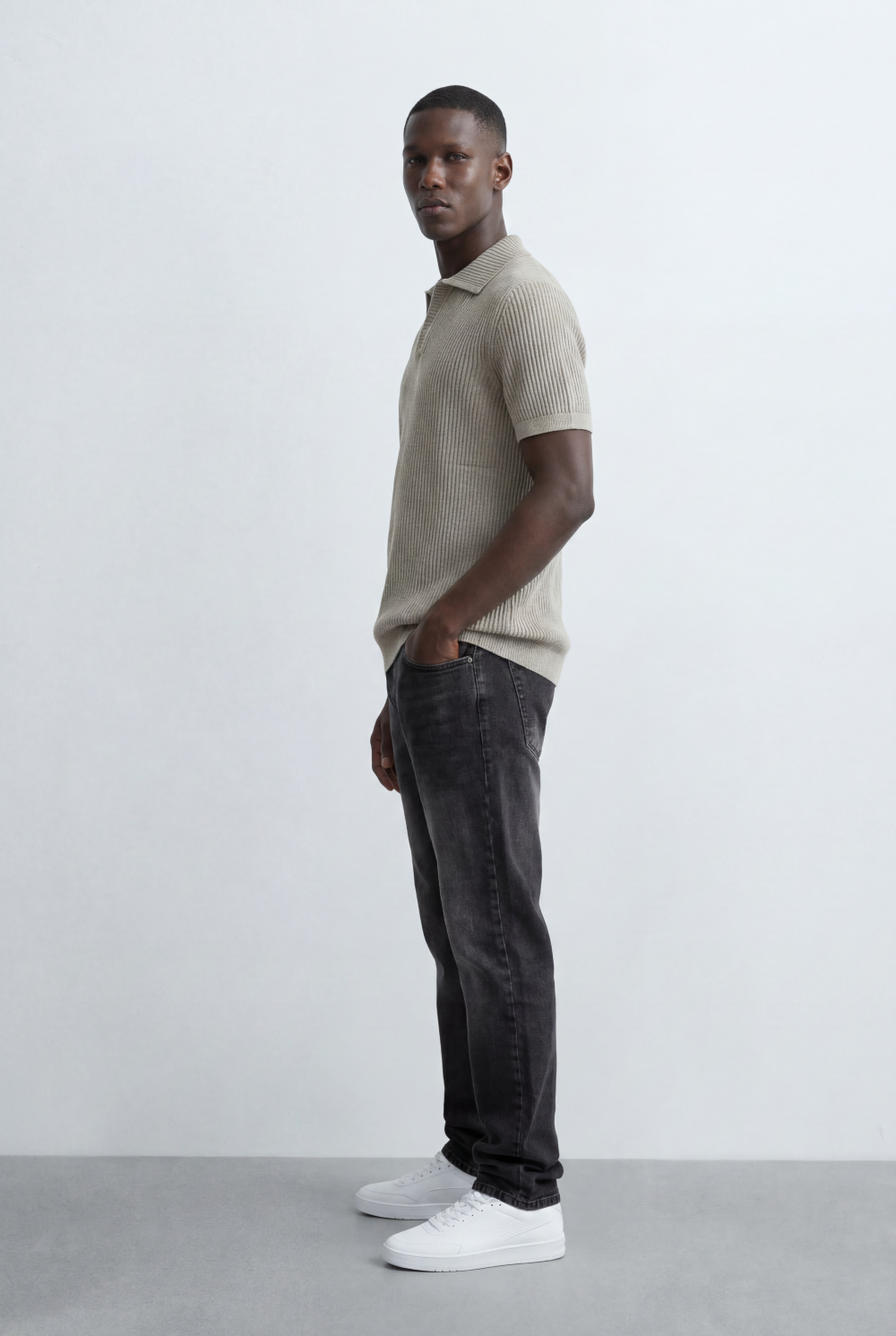 Men’s Tomato Store Ribbed Polo Knit Open Collar Design Vertical Texture Pattern Regular Tailored Fit T-Shirt