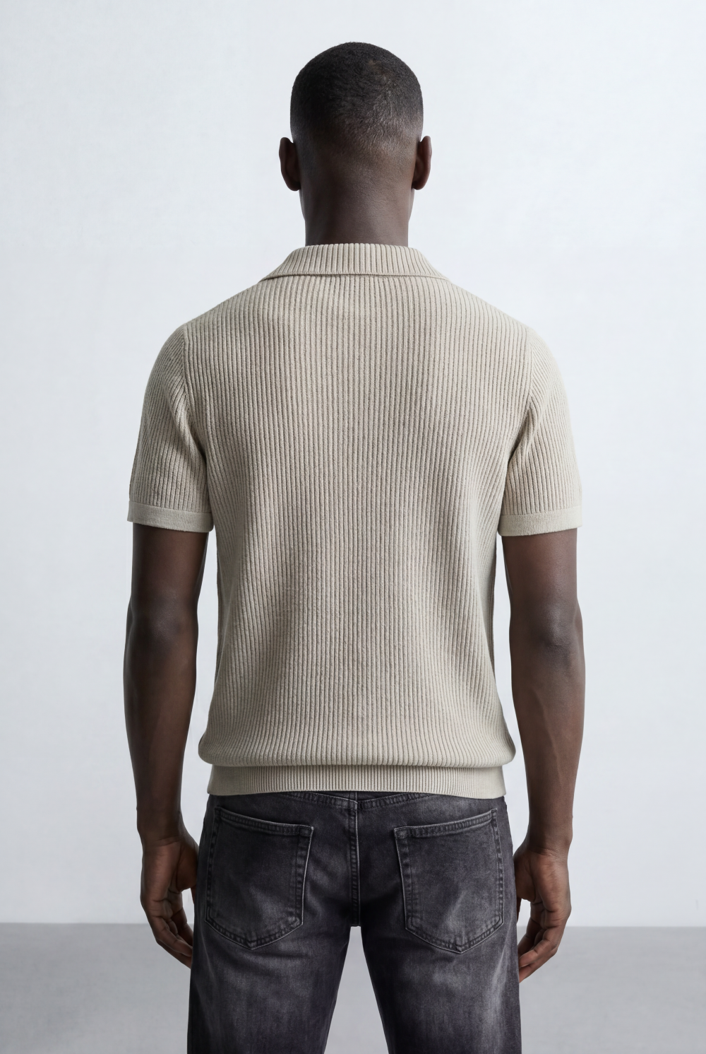 Men’s Tomato Store Ribbed Polo Knit Open Collar Design Vertical Texture Pattern Regular Tailored Fit T-Shirt