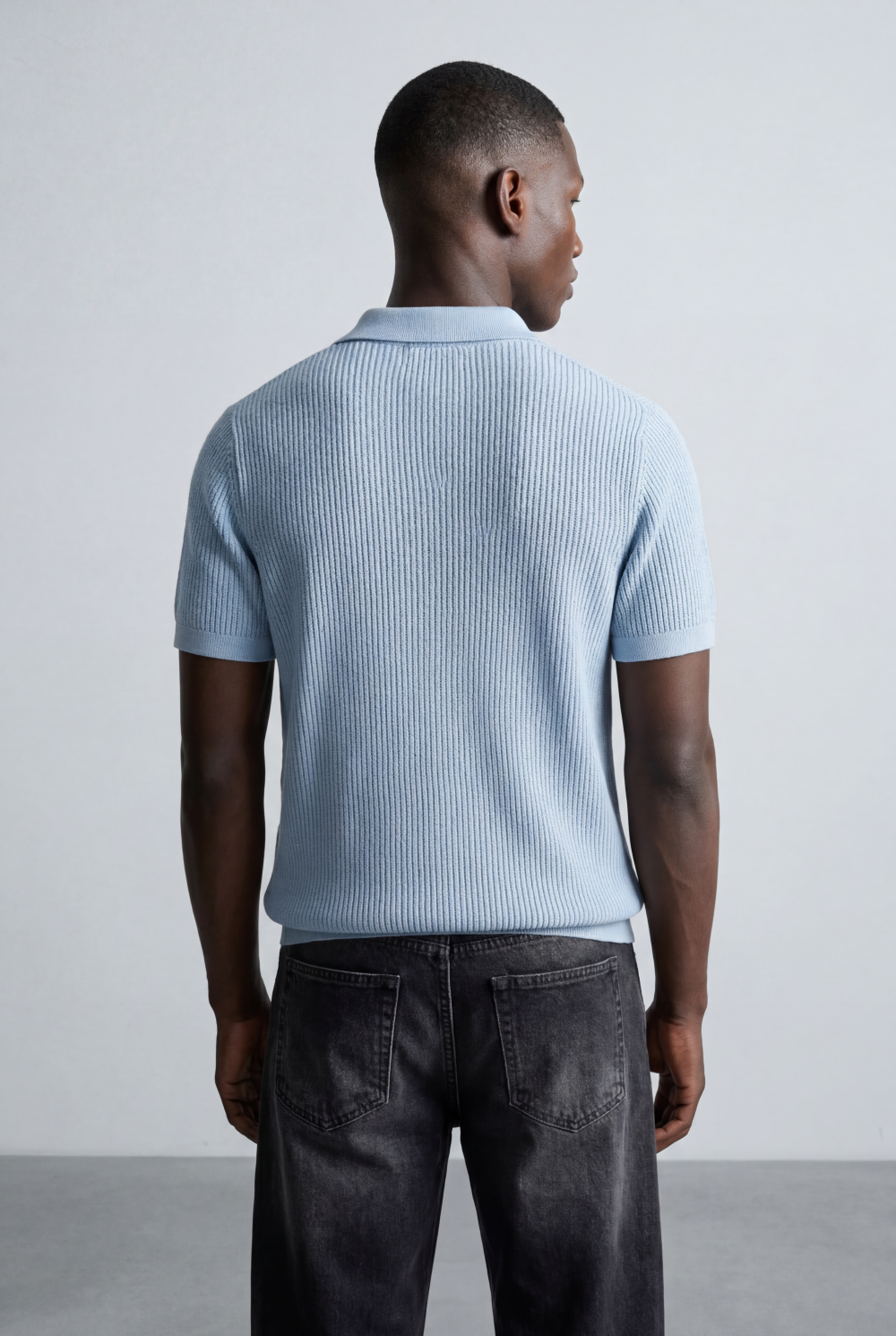 Men’s Tomato Store Ribbed Polo Knit Open Collar Design Vertical Texture Pattern Regular Tailored Fit T-Shirt