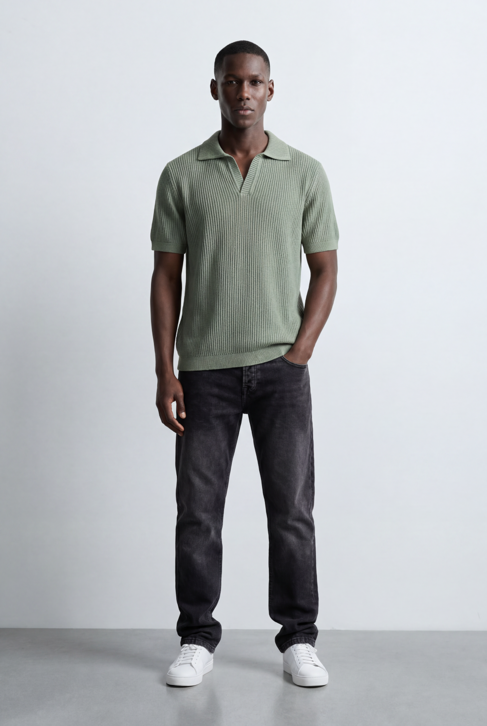 Men’s Tomato Store Ribbed Polo Knit Open Collar Design Vertical Texture Pattern Regular Tailored Fit T-Shirt