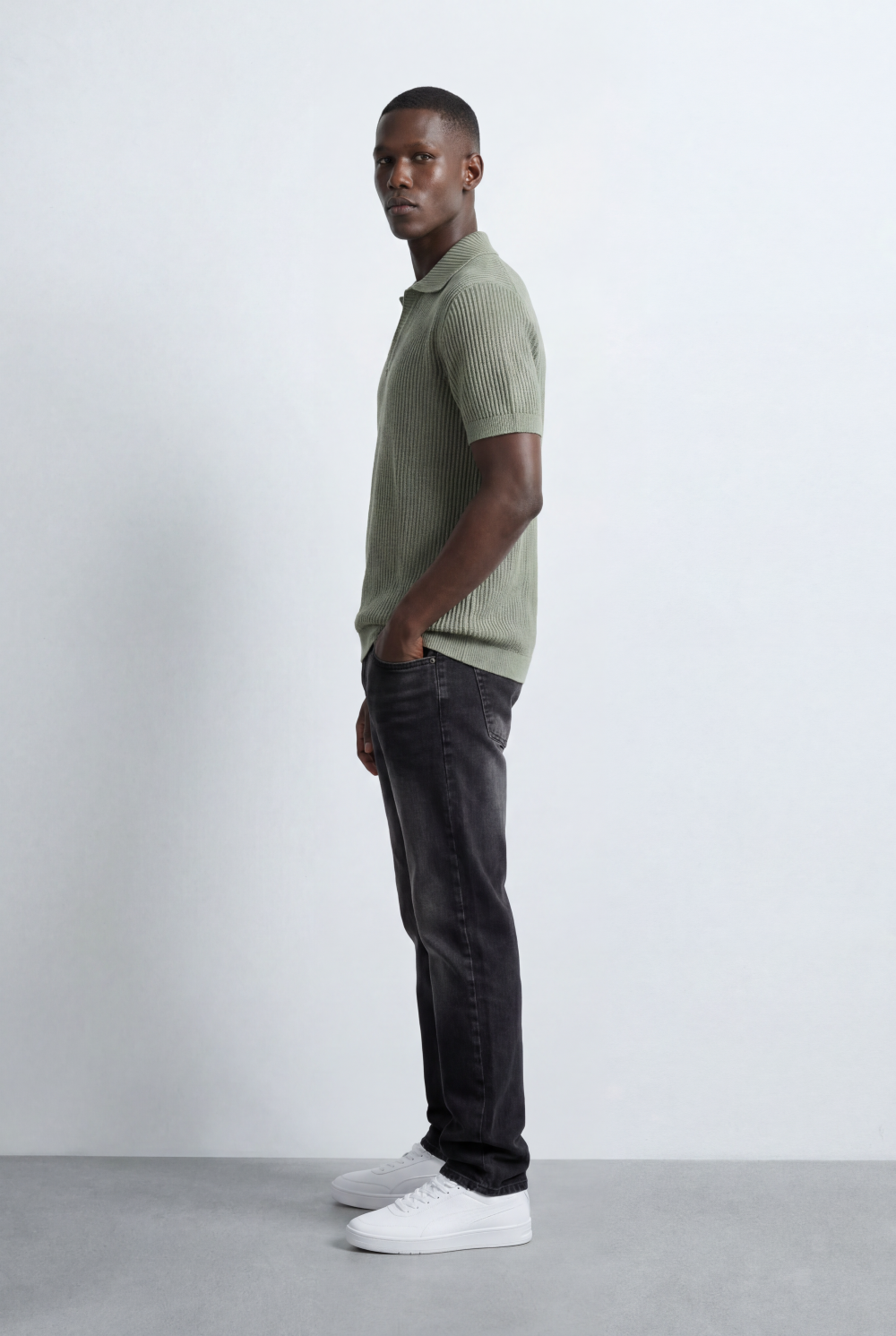 Men’s Tomato Store Ribbed Polo Knit Open Collar Design Vertical Texture Pattern Regular Tailored Fit T-Shirt