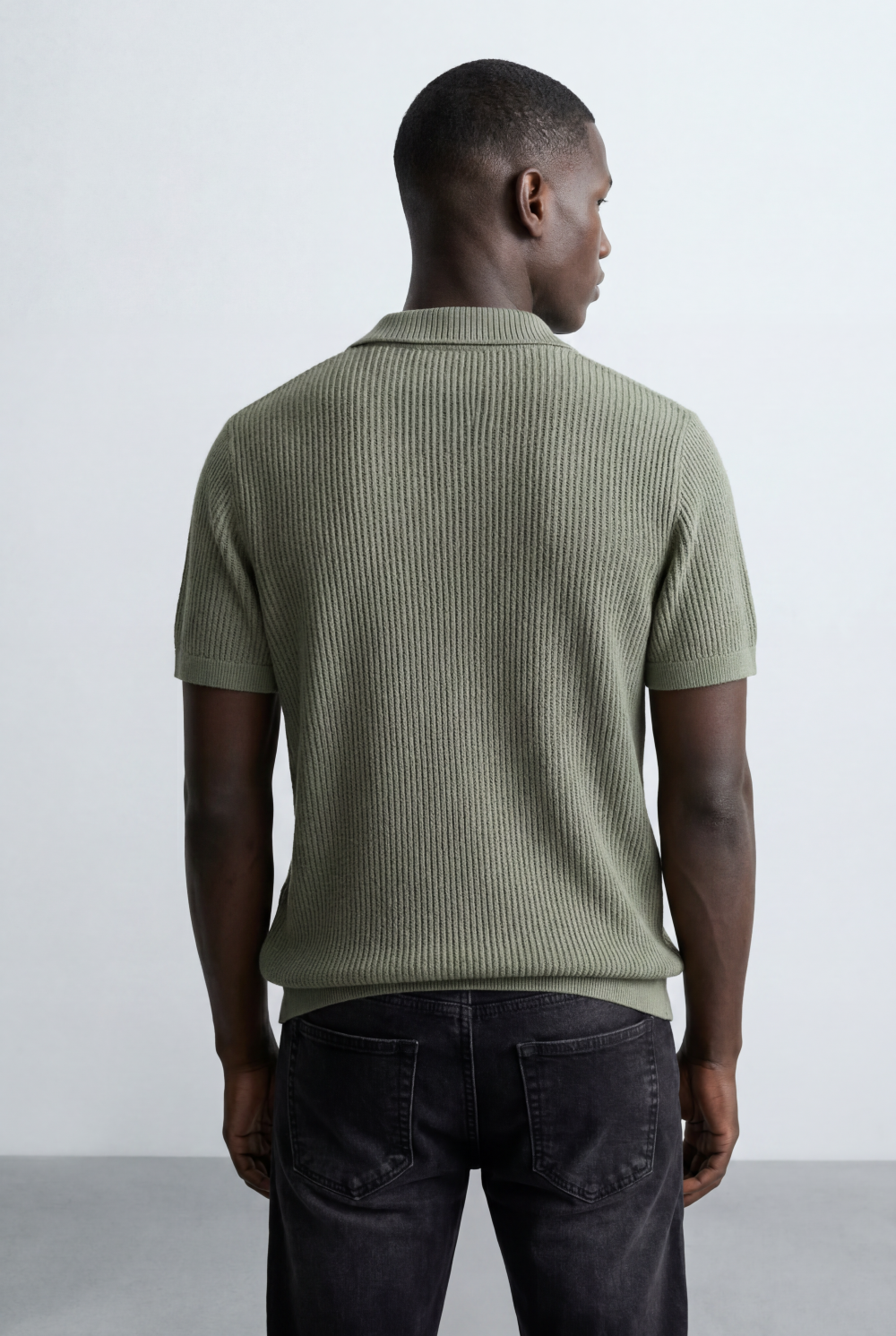 Men’s Tomato Store Ribbed Polo Knit Open Collar Design Vertical Texture Pattern Regular Tailored Fit T-Shirt