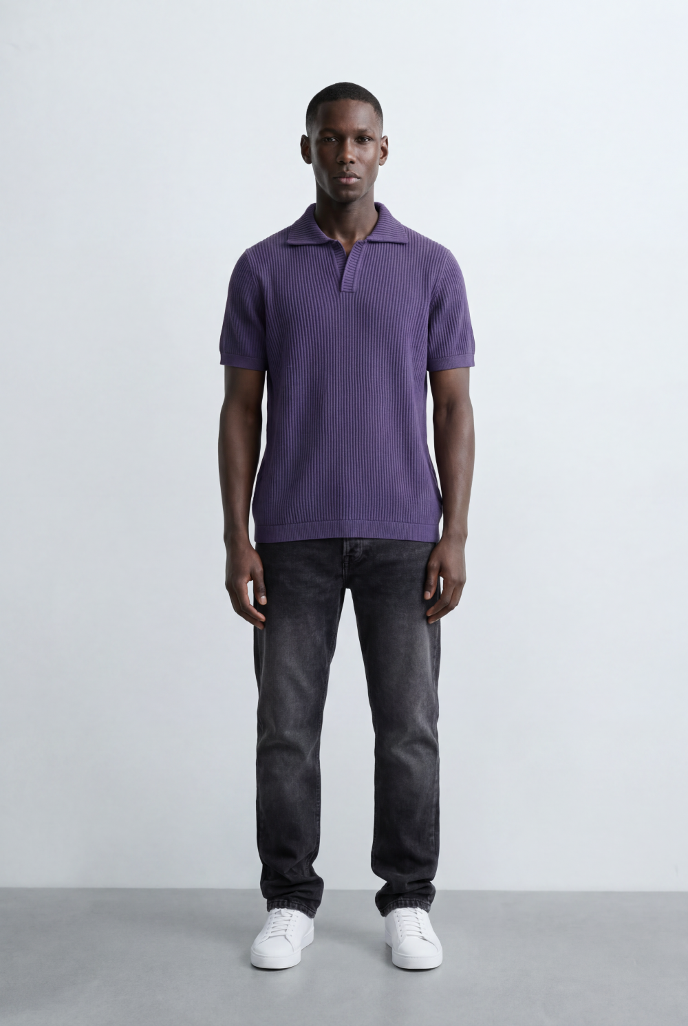 Men’s Tomato Store Ribbed Polo Knit Open Collar Design Vertical Texture Pattern Regular Tailored Fit T-Shirt