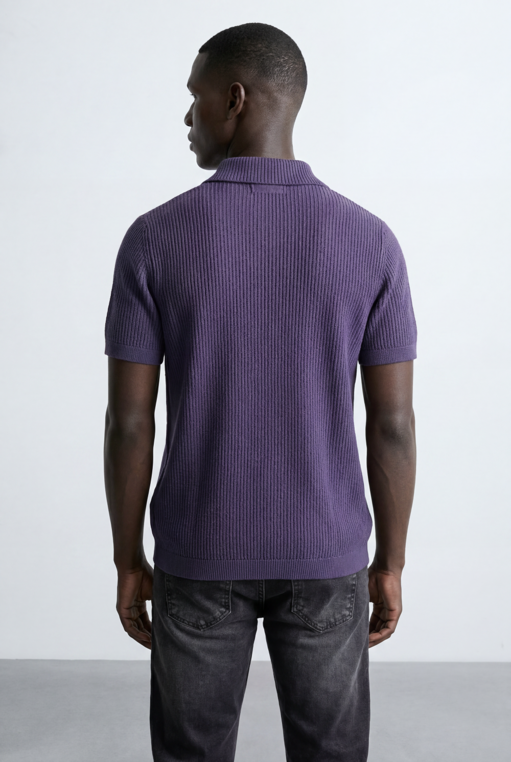 Men’s Tomato Store Ribbed Polo Knit Open Collar Design Vertical Texture Pattern Regular Tailored Fit T-Shirt