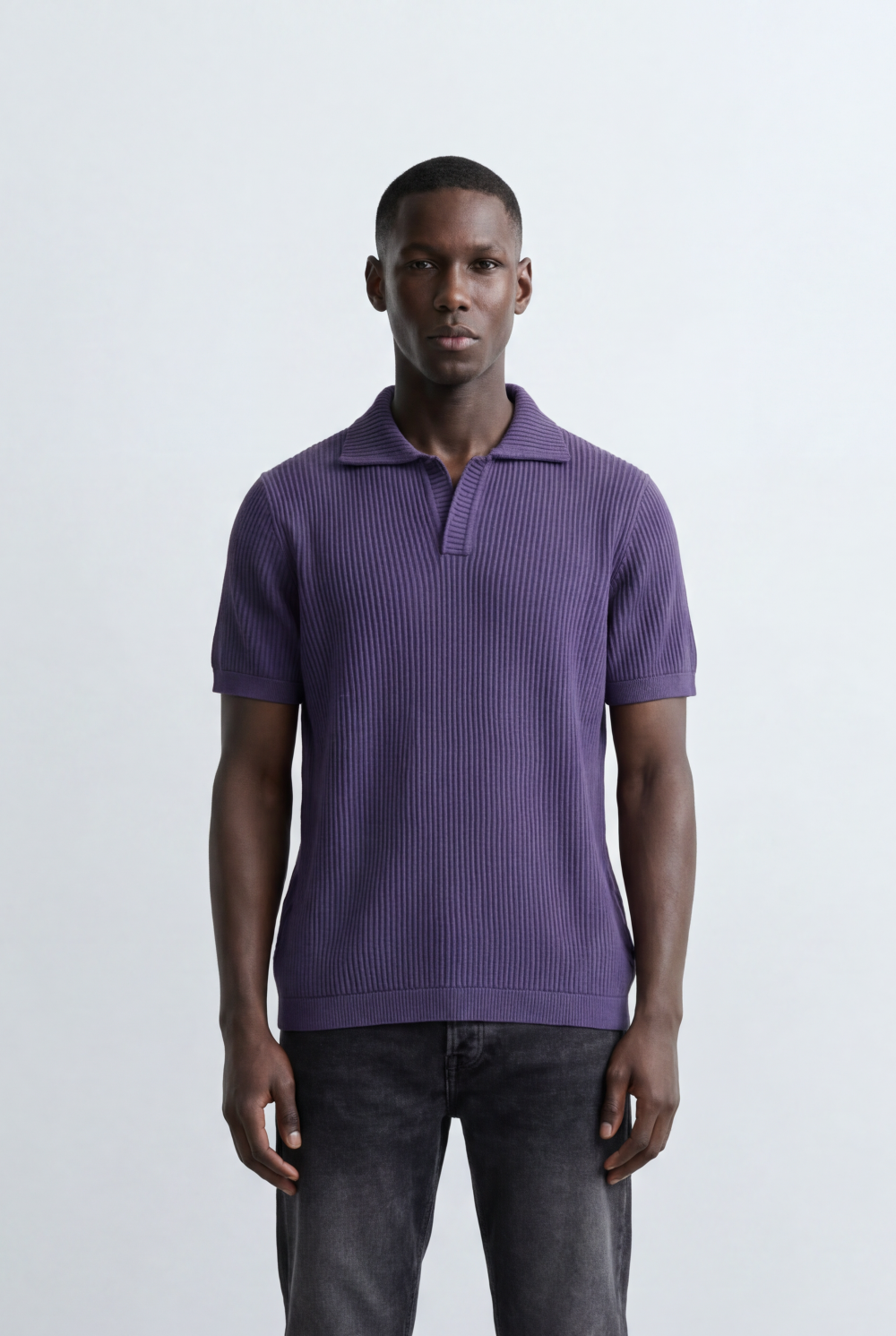 Men’s Tomato Store Ribbed Polo Knit Open Collar Design Vertical Texture Pattern Regular Tailored Fit T-Shirt