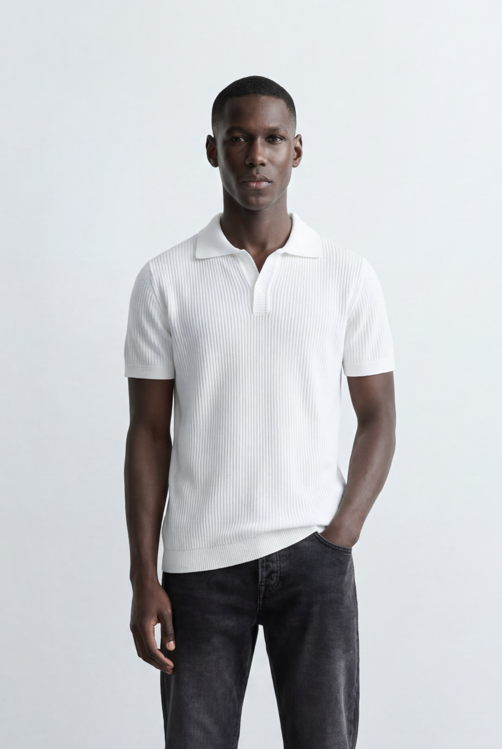 Men’s Tomato Store Ribbed Polo Knit Open Collar Design Vertical Texture Pattern Regular Tailored Fit T-Shirt