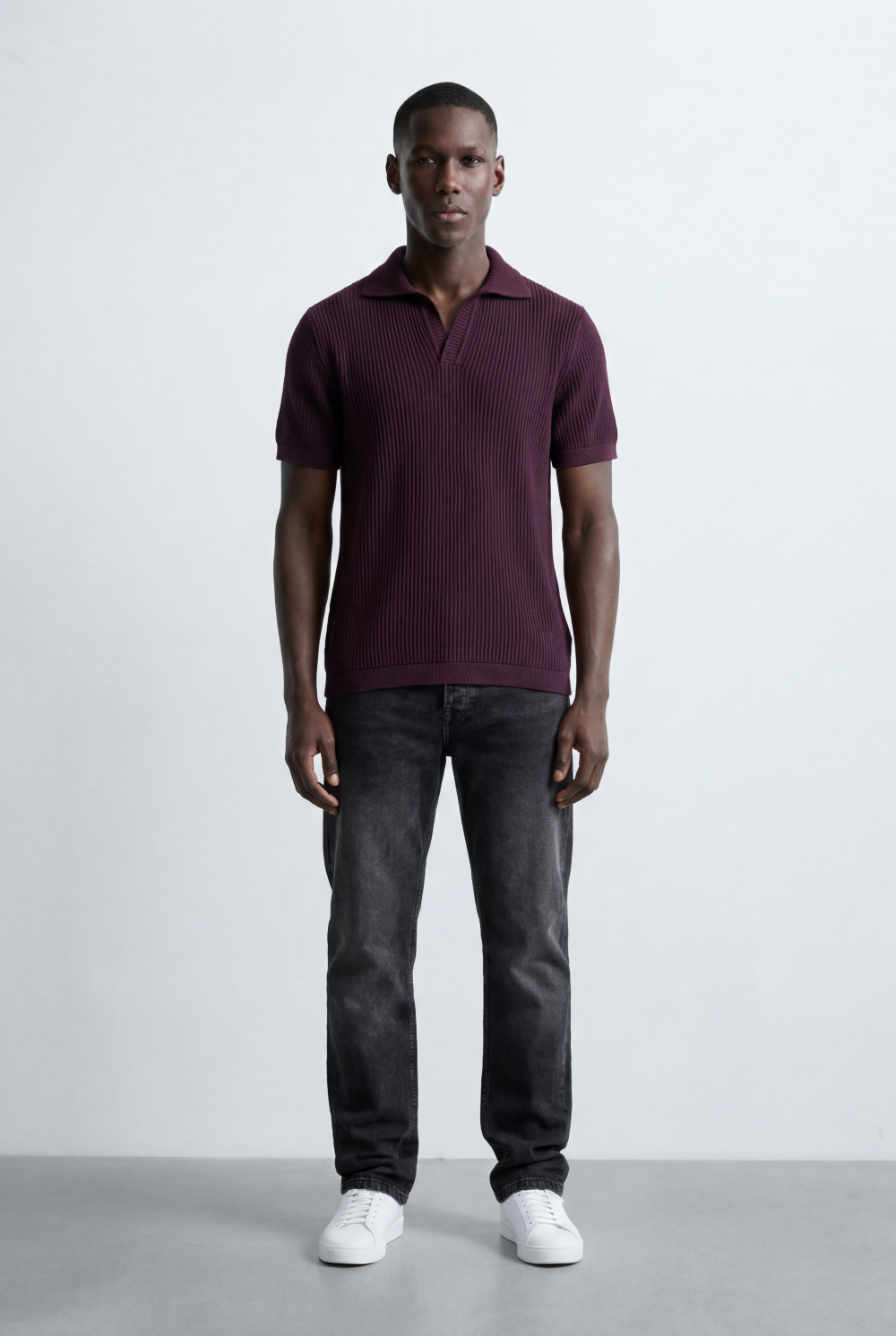 Men’s Tomato Store Ribbed Polo Knit Open Collar Design Vertical Texture Pattern Regular Tailored Fit T-Shirt