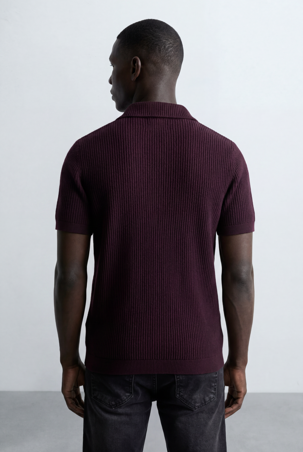 Men’s Tomato Store Ribbed Polo Knit Open Collar Design Vertical Texture Pattern Regular Tailored Fit T-Shirt