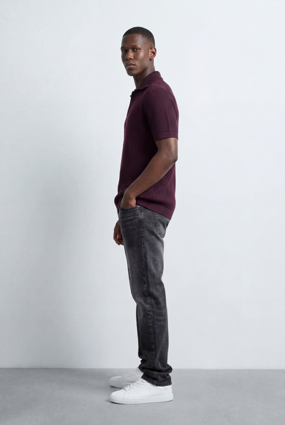 Men’s Tomato Store Ribbed Polo Knit Open Collar Design Vertical Texture Pattern Regular Tailored Fit T-Shirt