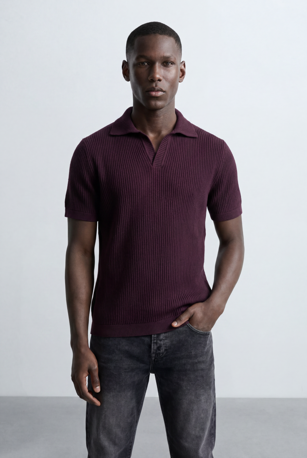 Men’s Tomato Store Ribbed Polo Knit Open Collar Design Vertical Texture Pattern Regular Tailored Fit T-Shirt