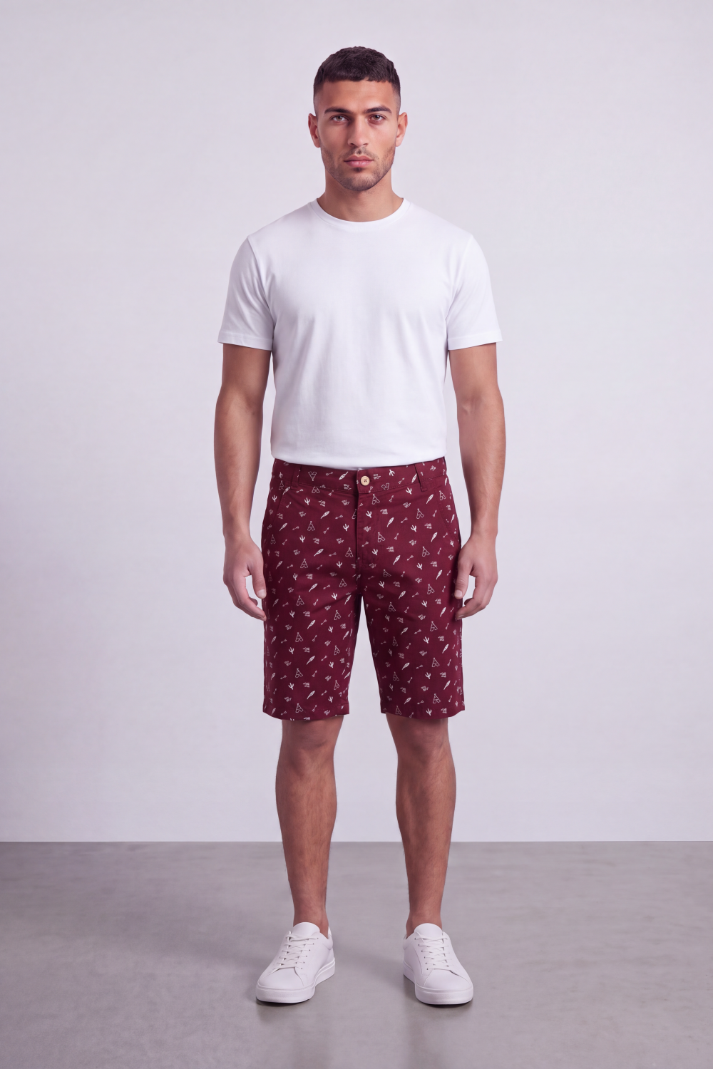 Men's Tomato Store Printed Cotton Twill Bermuda Shorts Allover Mini Motif Tailored Waist Side Pocket Detail
