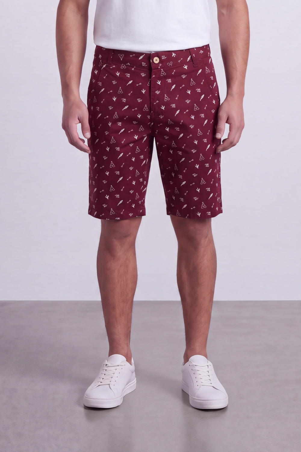Men's Tomato Store Printed Cotton Twill Bermuda Shorts Allover Mini Motif Tailored Waist Side Pocket Detail