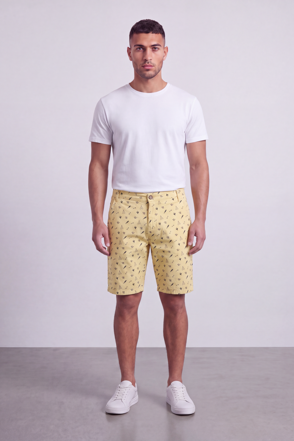 Men's Tomato Store Printed Cotton Twill Bermuda Shorts Allover Mini Motif Tailored Waist Side Pocket Detail