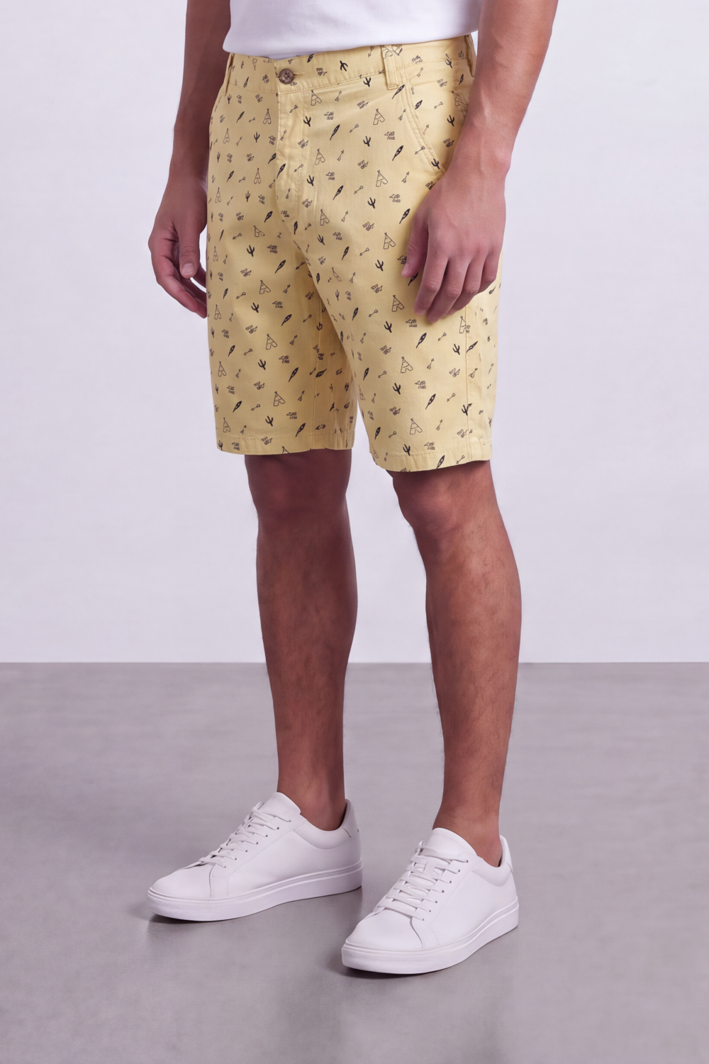 Men's Tomato Store Printed Cotton Twill Bermuda Shorts Allover Mini Motif Tailored Waist Side Pocket Detail
