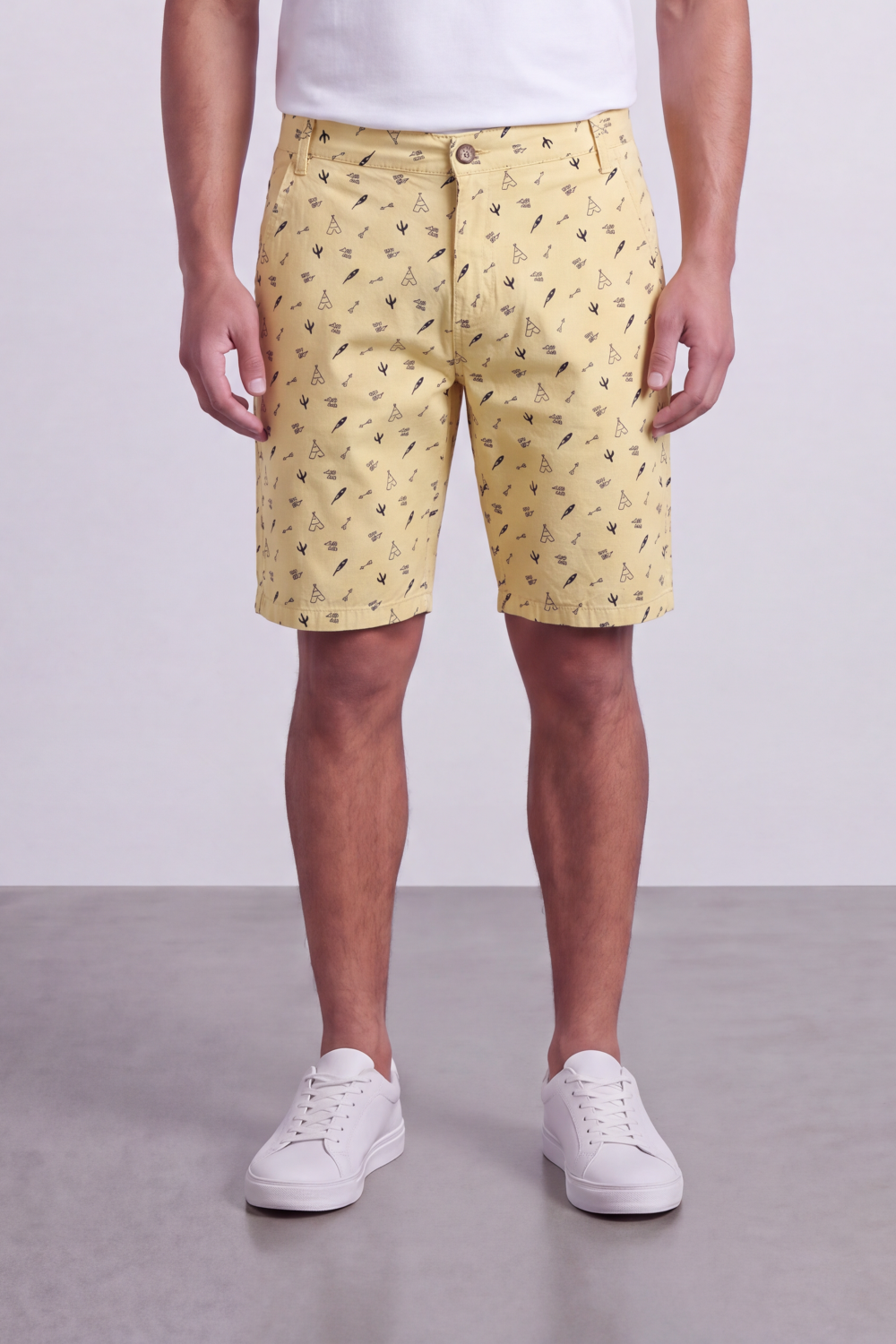 Men's Tomato Store Printed Cotton Twill Bermuda Shorts Allover Mini Motif Tailored Waist Side Pocket Detail