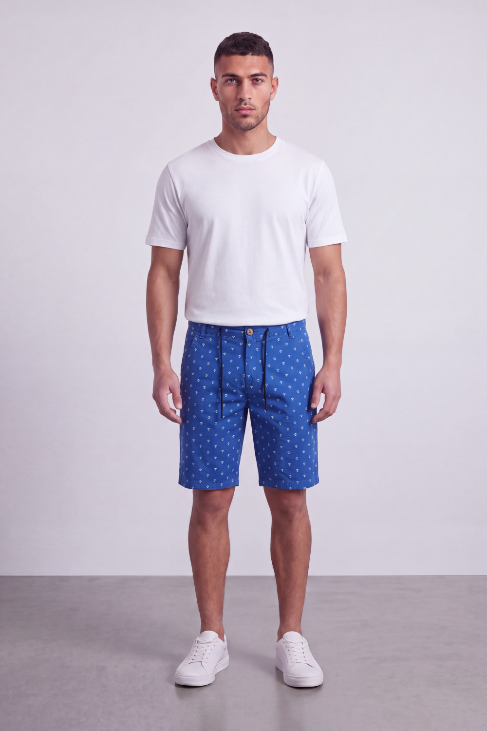Men's Tomato Store Printed Cotton Twill Bermuda Shorts Micro Allover Motif Drawstring Waist Side Pockets