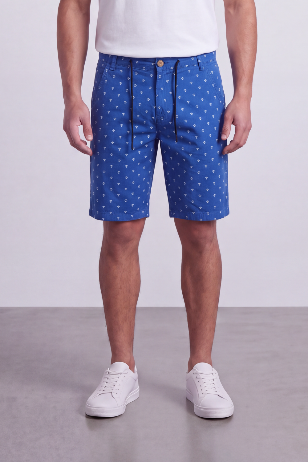 Men's Tomato Store Printed Cotton Twill Bermuda Shorts Micro Allover Motif Drawstring Waist Side Pockets