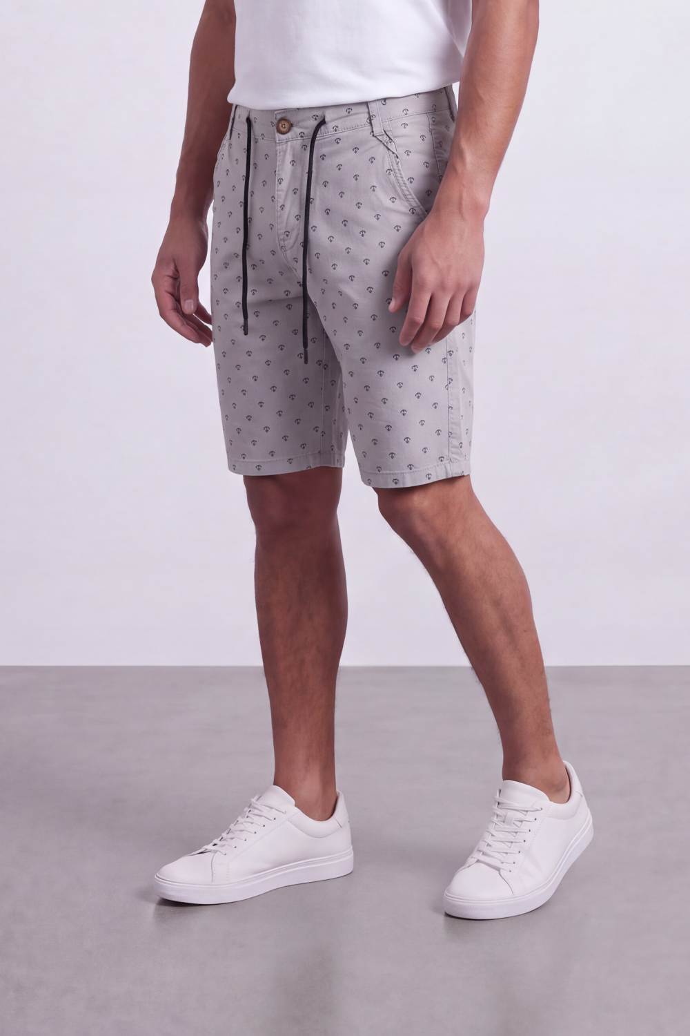 Men's Tomato Store Printed Cotton Twill Bermuda Shorts Micro Allover Motif Drawstring Waist Side Pockets