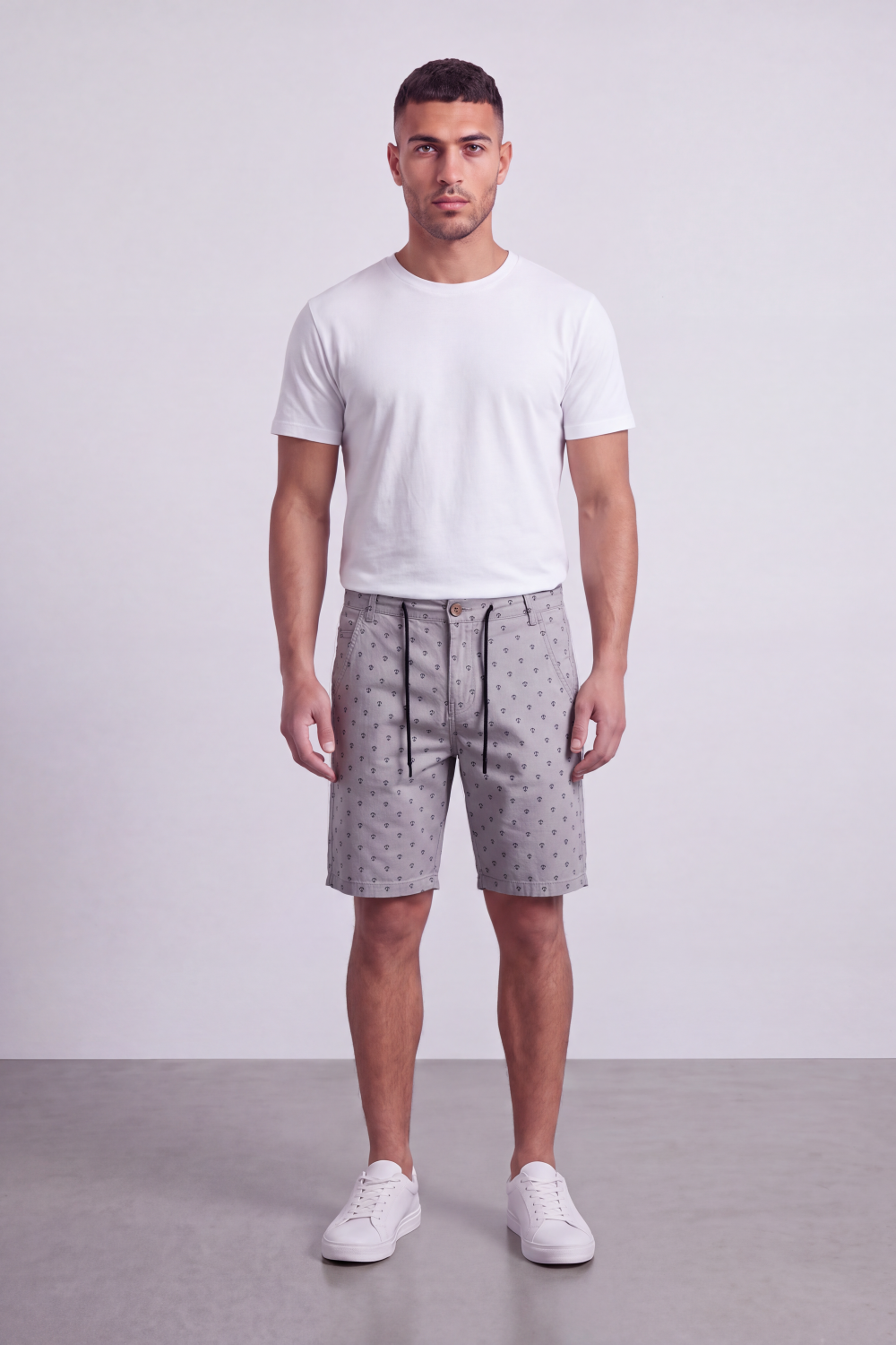 Men's Tomato Store Printed Cotton Twill Bermuda Shorts Micro Allover Motif Drawstring Waist Side Pockets