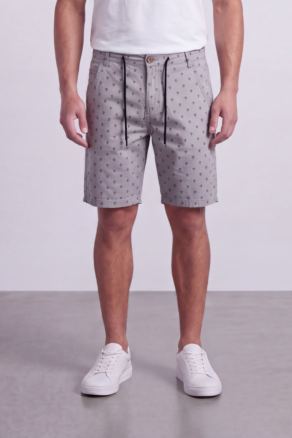 Men's Tomato Store Printed Cotton Twill Bermuda Shorts Micro Allover Motif Drawstring Waist Side Pockets