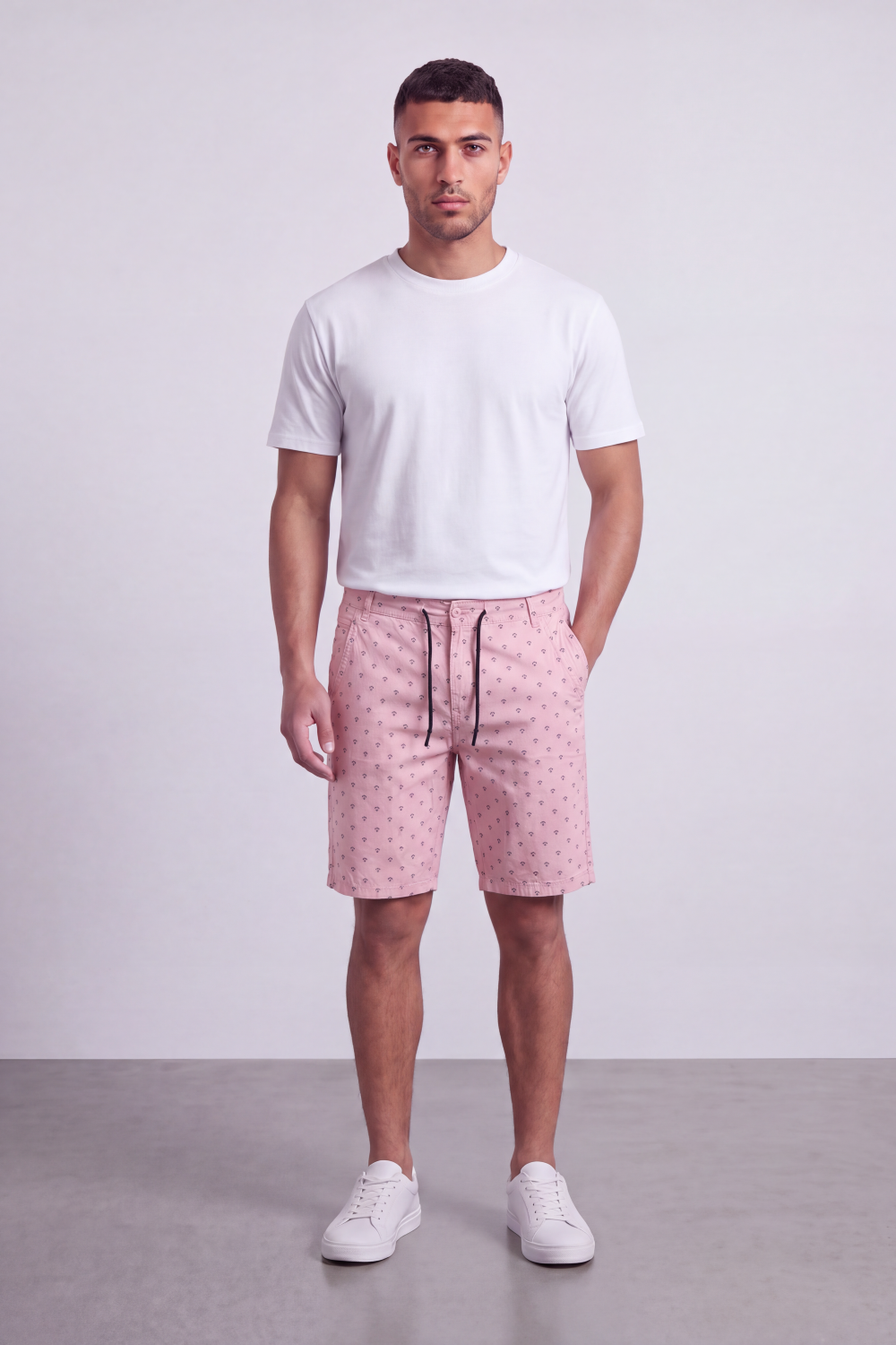 Men's Tomato Store Printed Cotton Twill Bermuda Shorts Micro Allover Motif Drawstring Waist Side Pockets