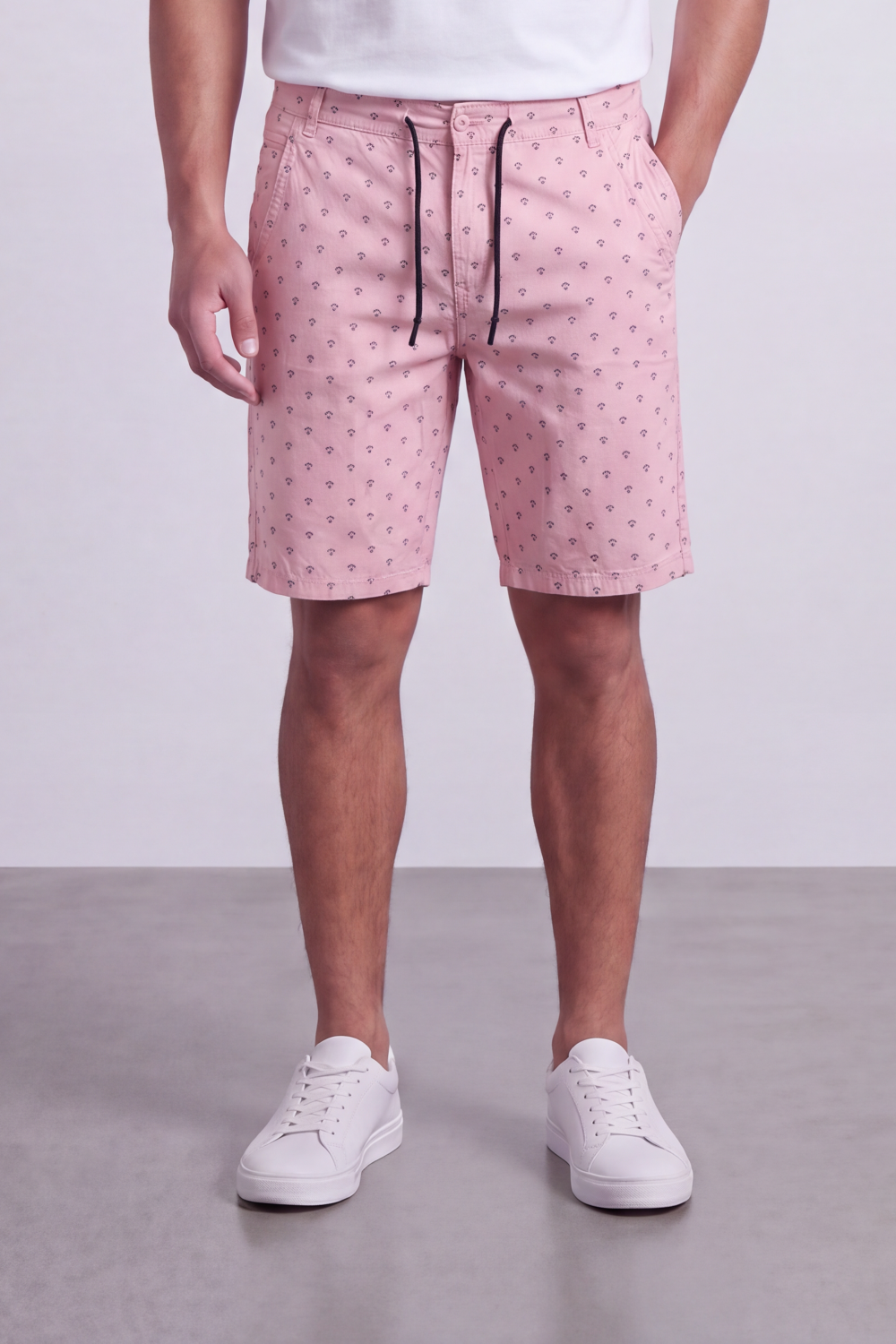 Men's Tomato Store Printed Cotton Twill Bermuda Shorts Micro Allover Motif Drawstring Waist Side Pockets