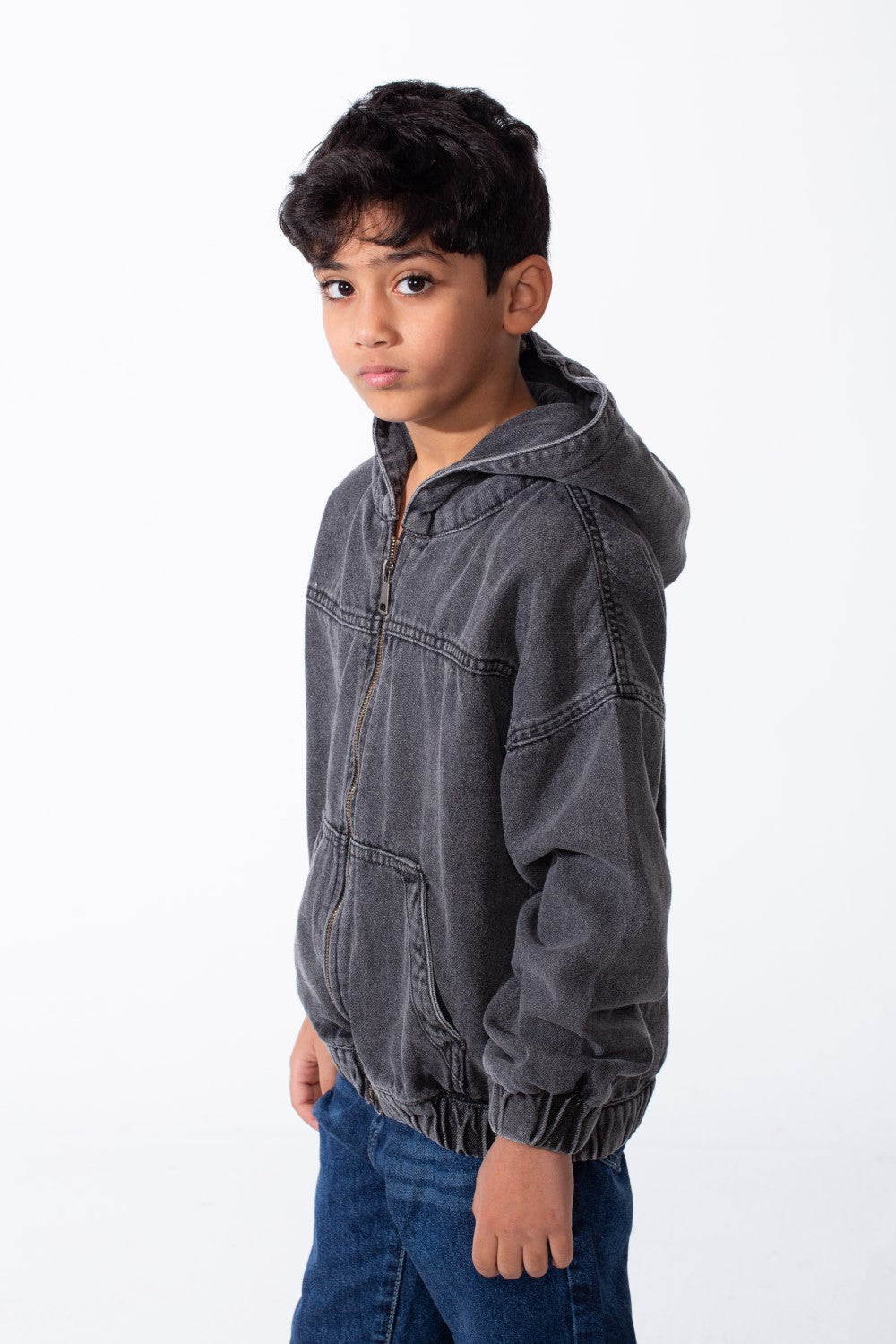 Boy's Denim Hood Dropped Shoulders Encased Elastic Cuffs And Hem Functional Front Pockets Oversize Jeans Jacket