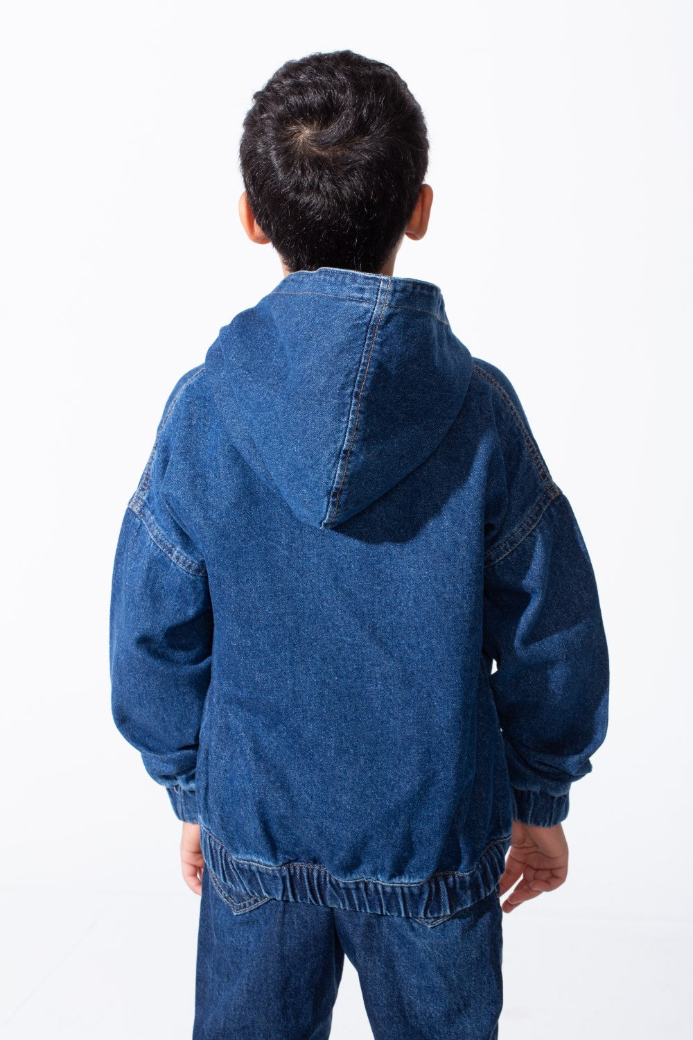 Boy's Denim Hood Dropped Shoulders Encased Elastic Cuffs And Hem Functional Front Pockets Oversize Jeans Jacket