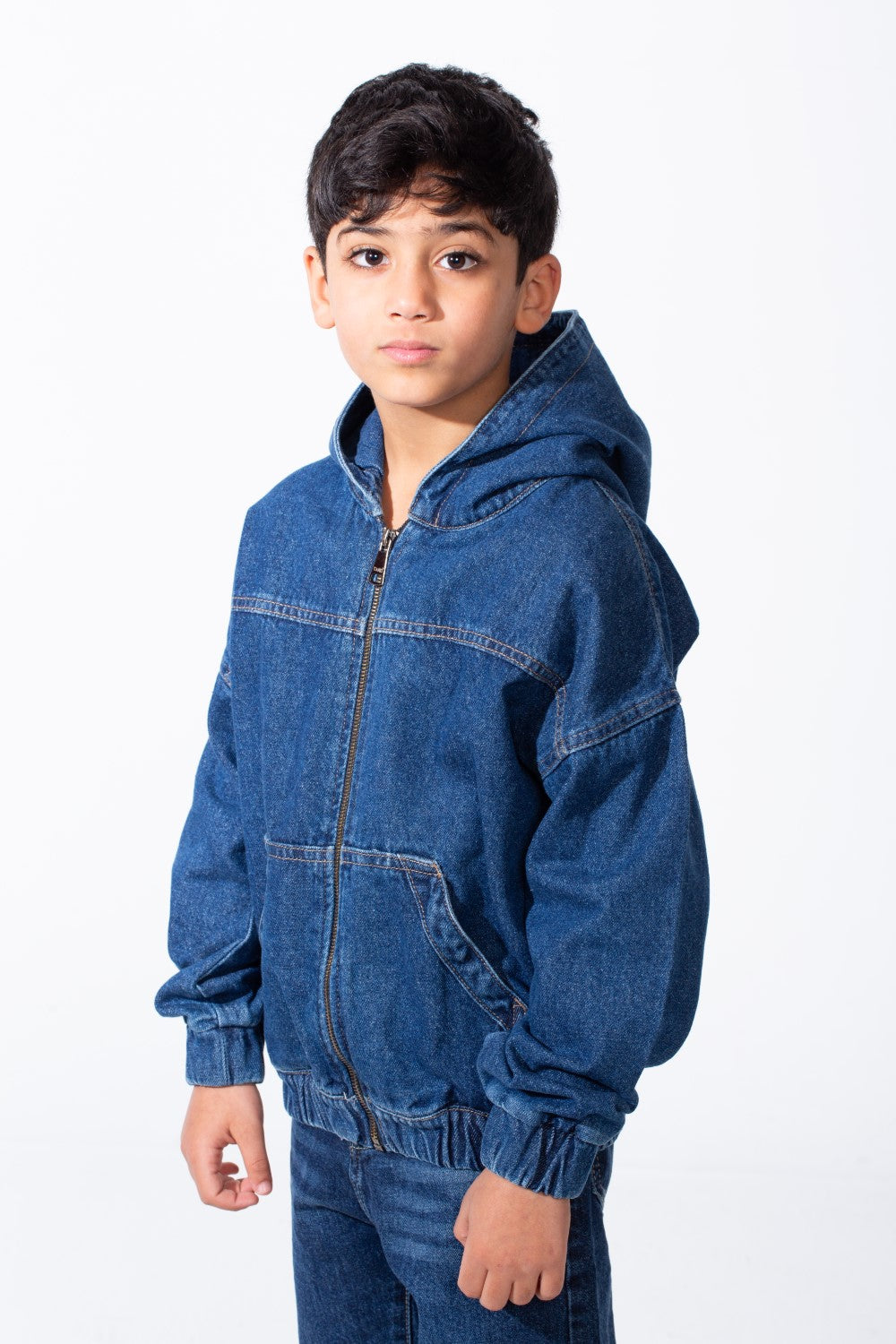 Boy's Denim Hood Dropped Shoulders Encased Elastic Cuffs And Hem Functional Front Pockets Oversize Jeans Jacket