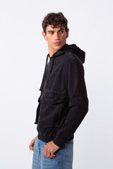 Men's Melton Sleeves Front Pockets Full Zip Hooded Jeans Jacket