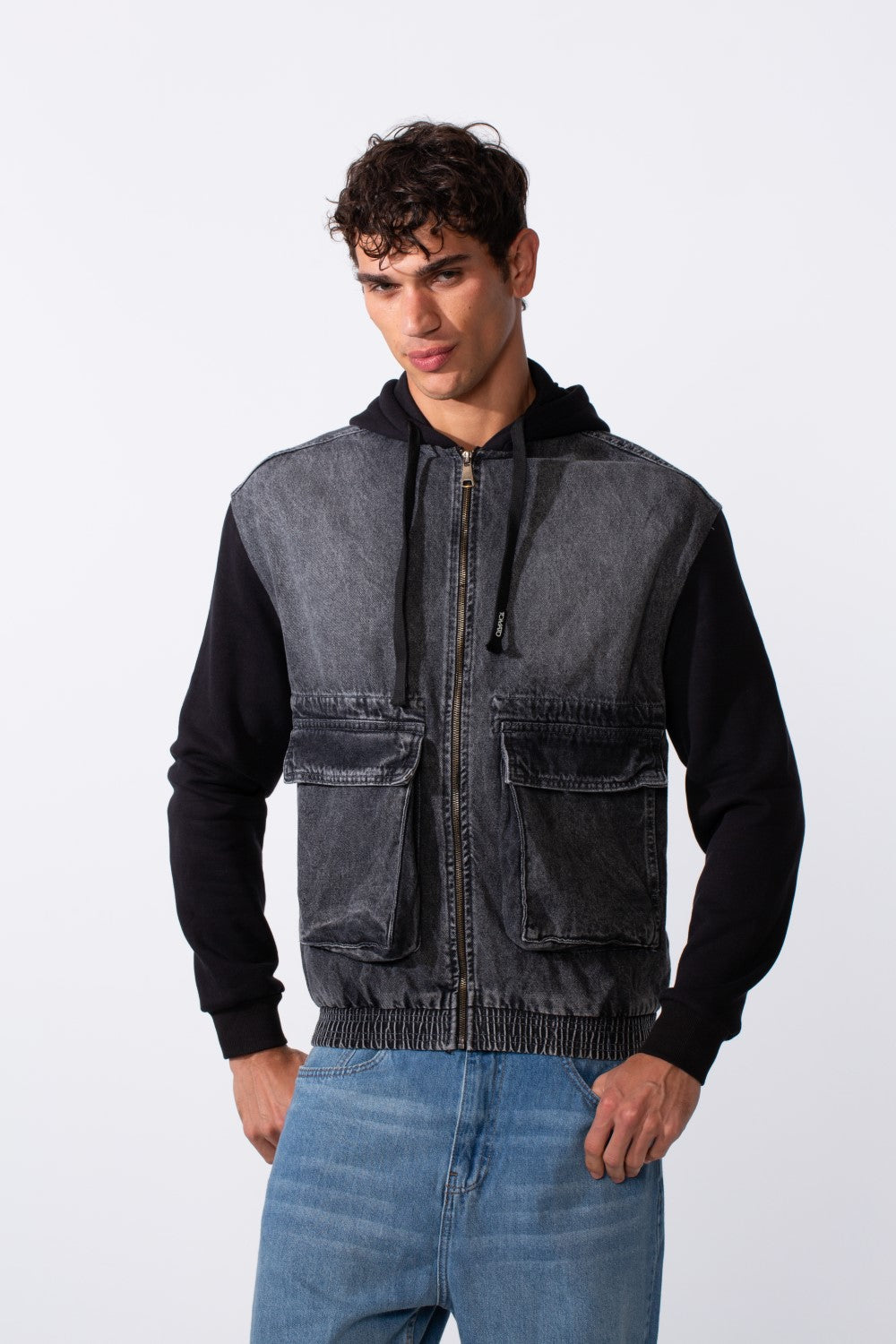 Men's Melton Sleeves Front Pockets Full Zip Hooded Jeans Jacket