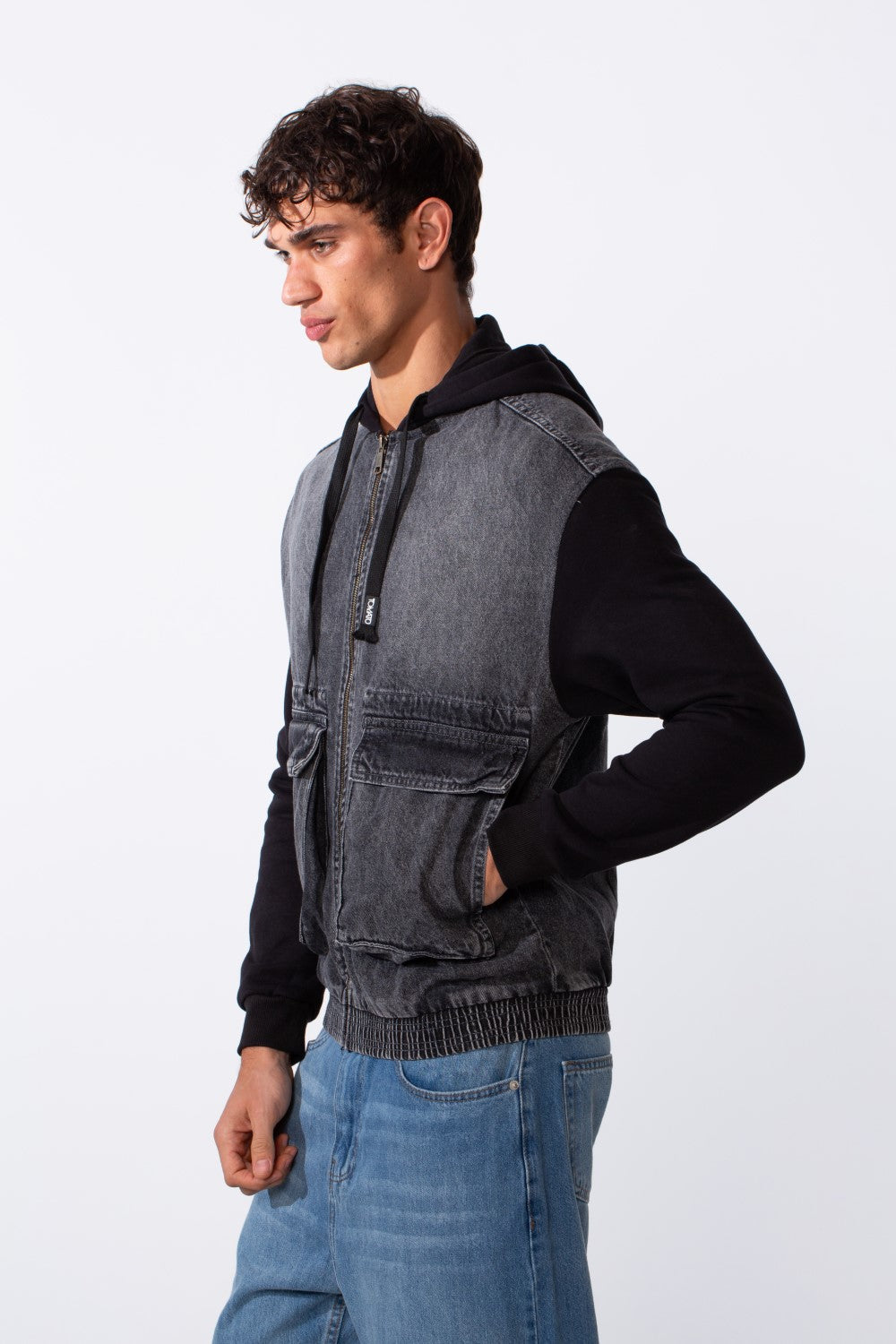 Men's Melton Sleeves Front Pockets Full Zip Hooded Jeans Jacket