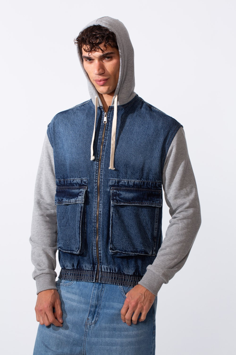 Men's Melton Sleeves Front Pockets Full Zip Hooded Jeans Jacket