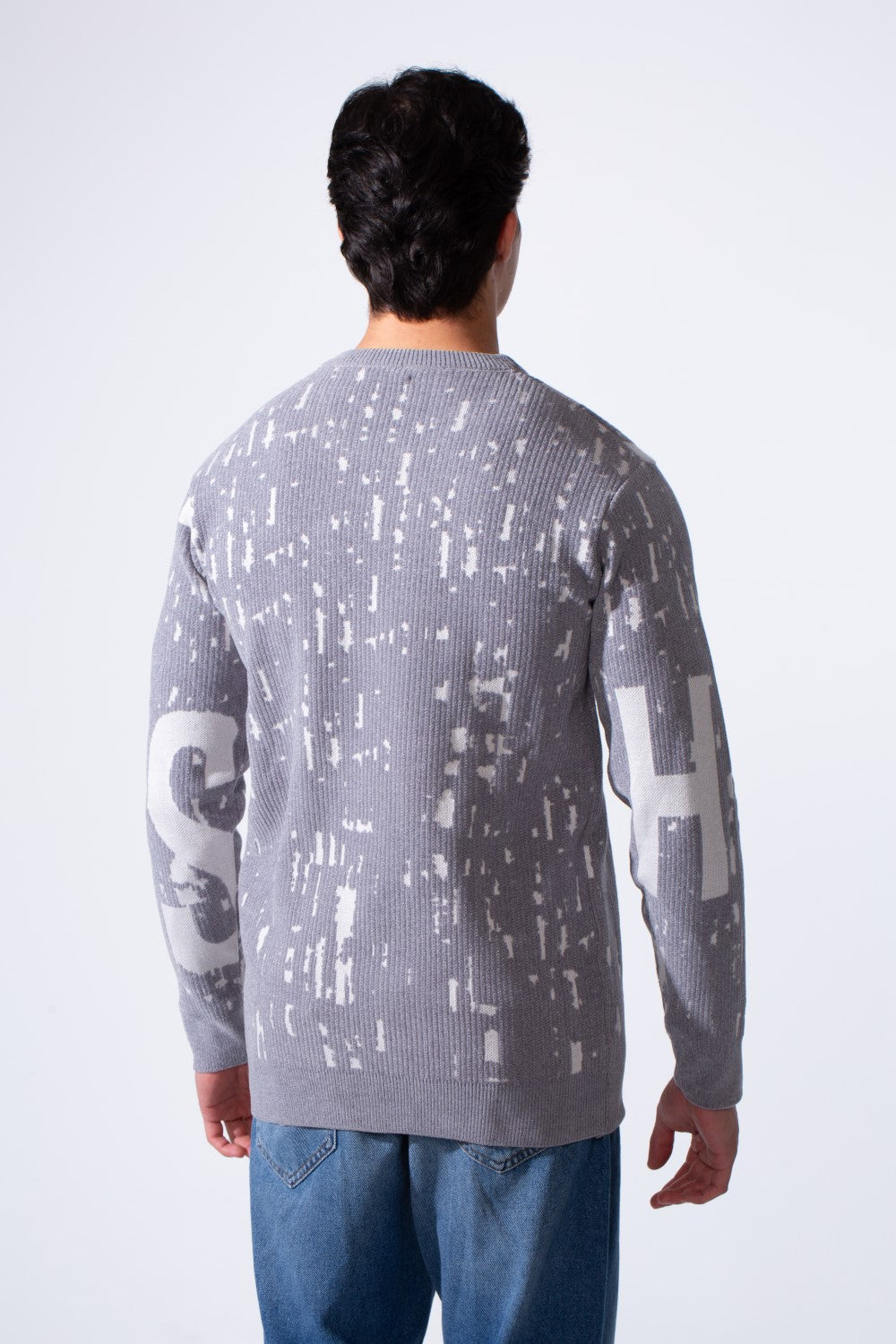Men's Modern Crew Neck Slim Fit Textured With Artistic Print Pullover