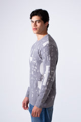 Men's Modern Crew Neck Slim Fit Textured With Artistic Print Pullover