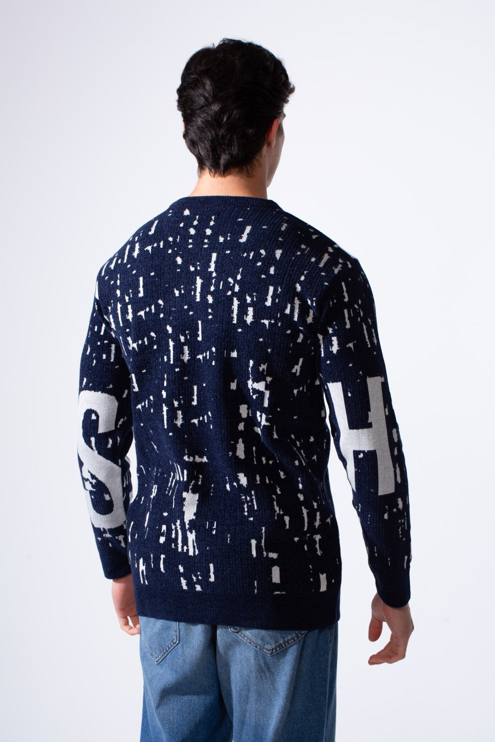 Men's Modern Crew Neck Slim Fit Textured With Artistic Print Pullover