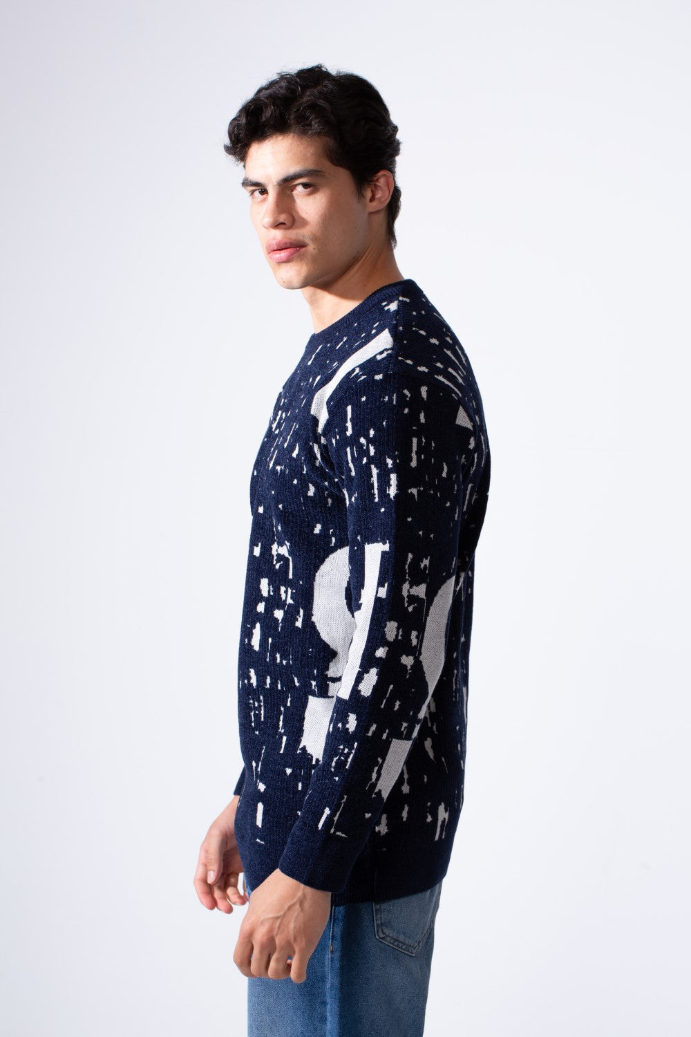 Men's Modern Crew Neck Slim Fit Textured With Artistic Print Pullover